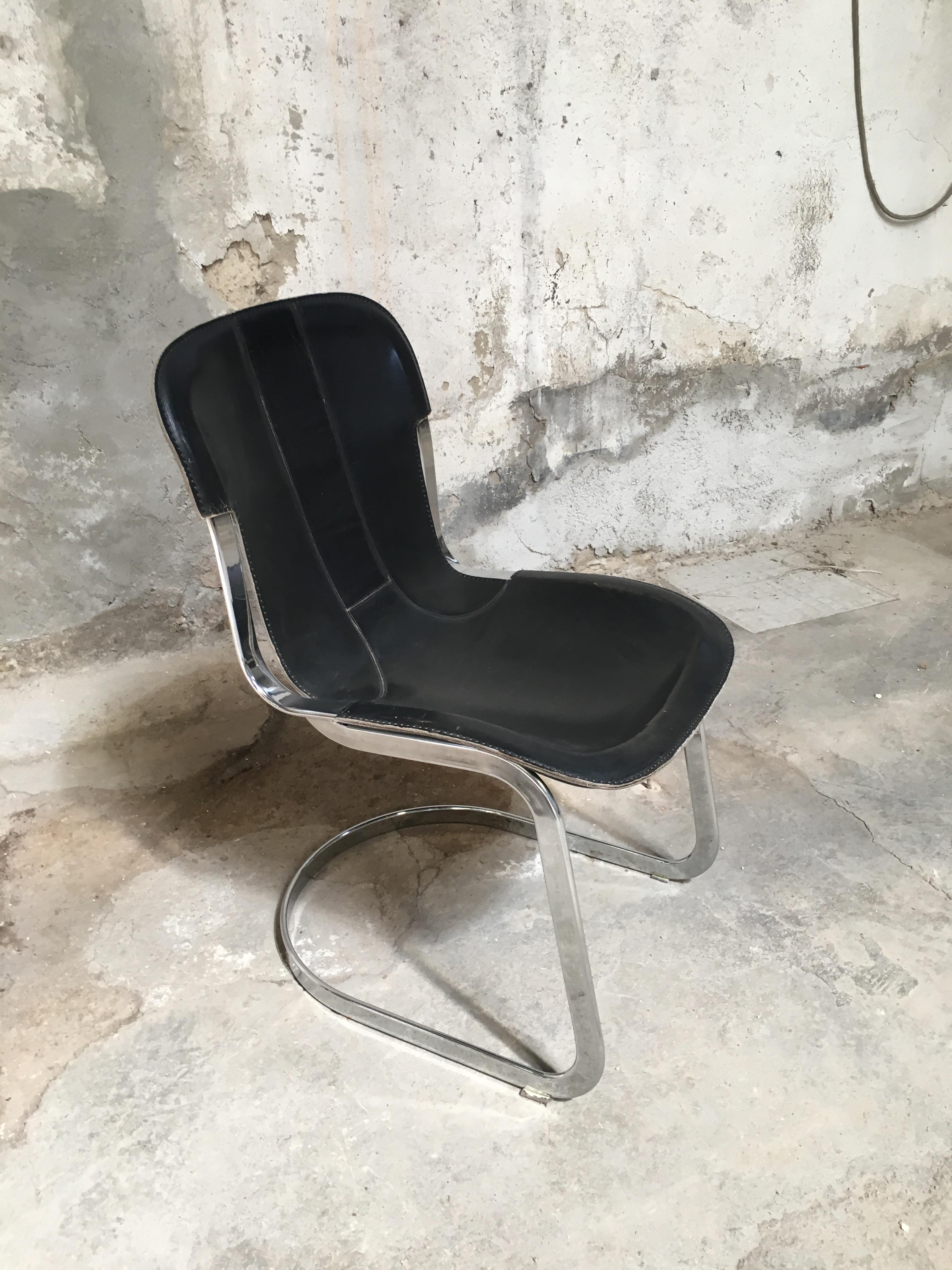 Four Italian Chairs with Original Black Leather Seat by Willy Rizzo for Cidue 9