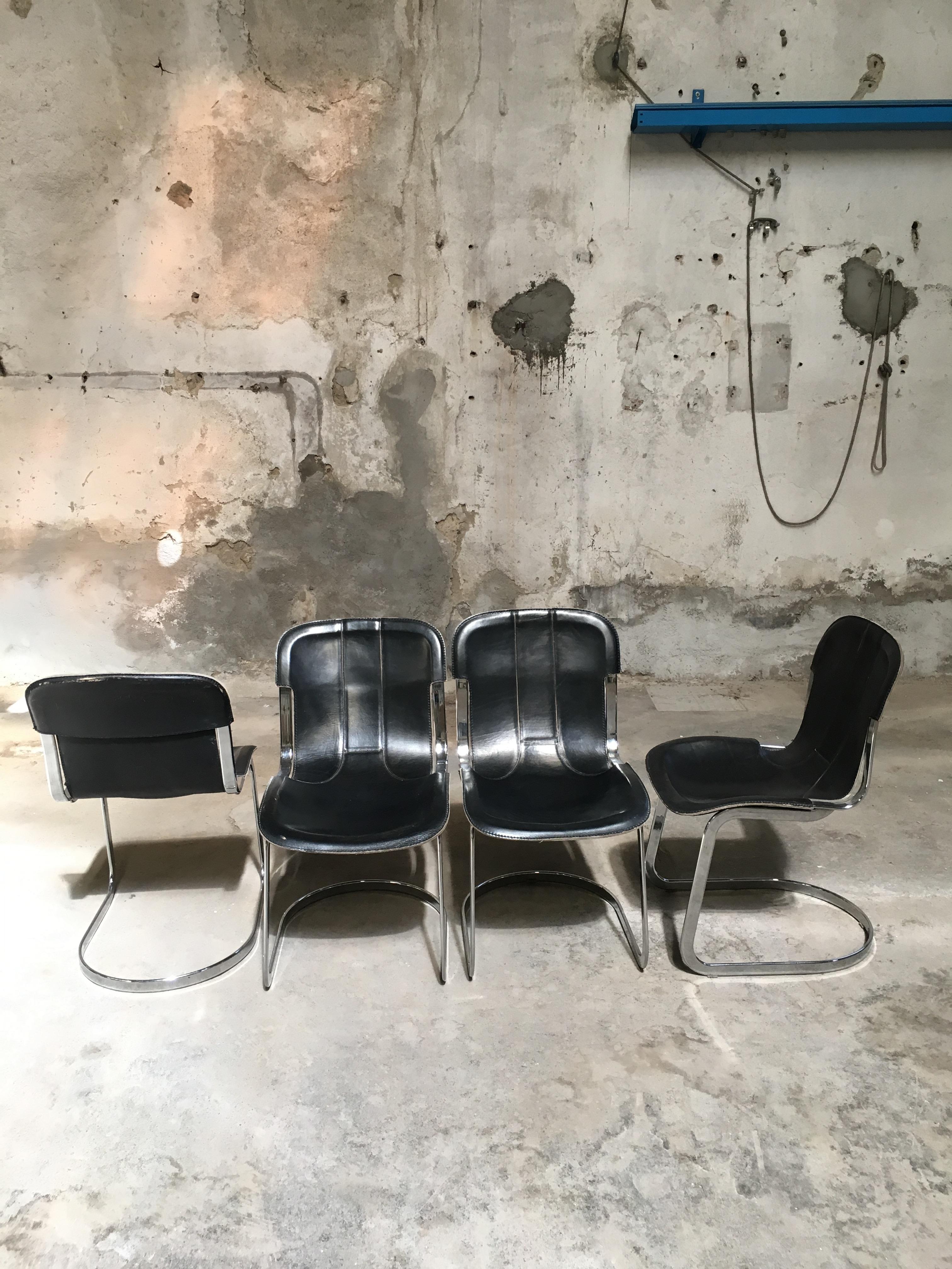 Late 20th Century Four Italian Chairs with Original Black Leather Seat by Willy Rizzo for Cidue