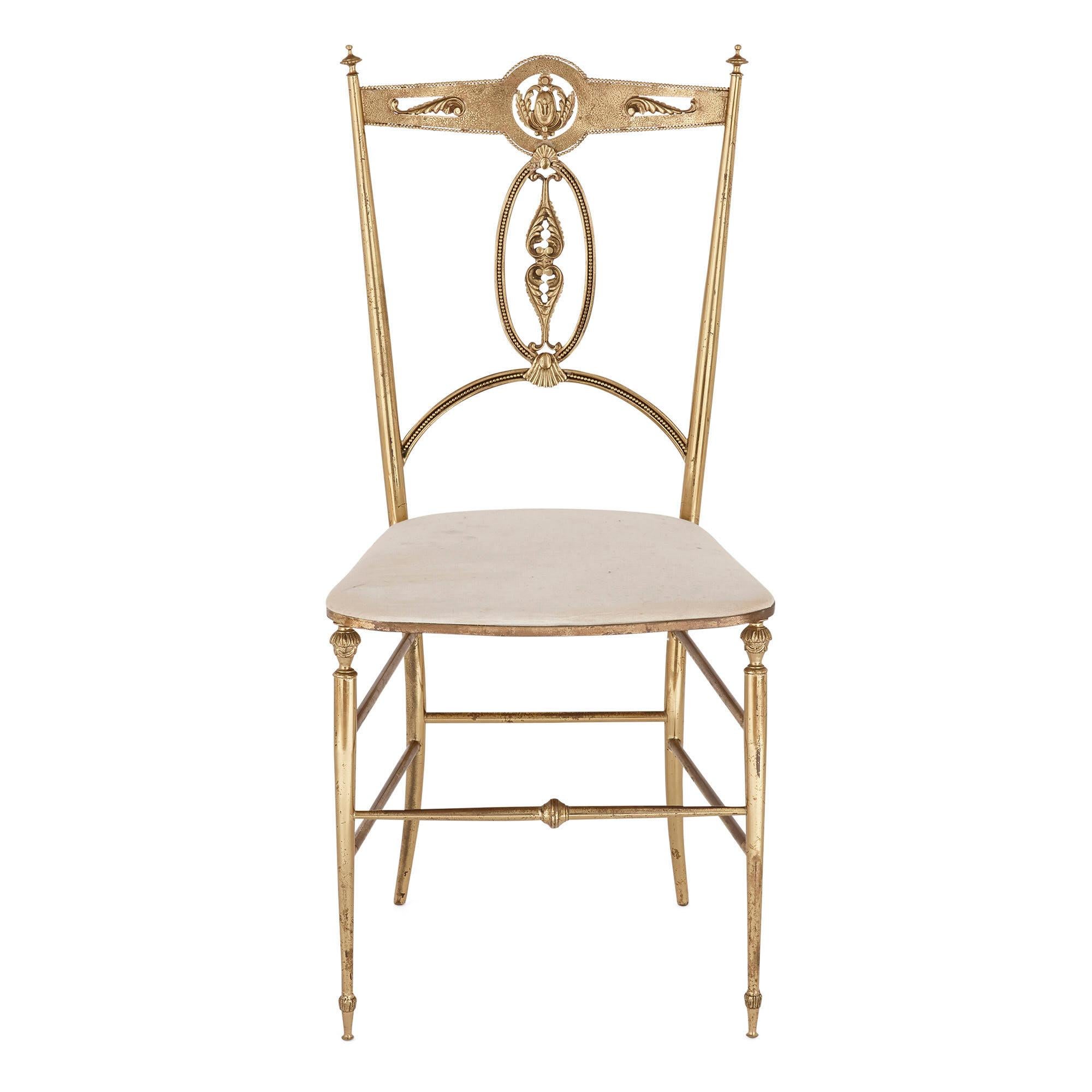 Neoclassical Four Italian 'Chiavari' Brass and Velvet Chairs For Sale
