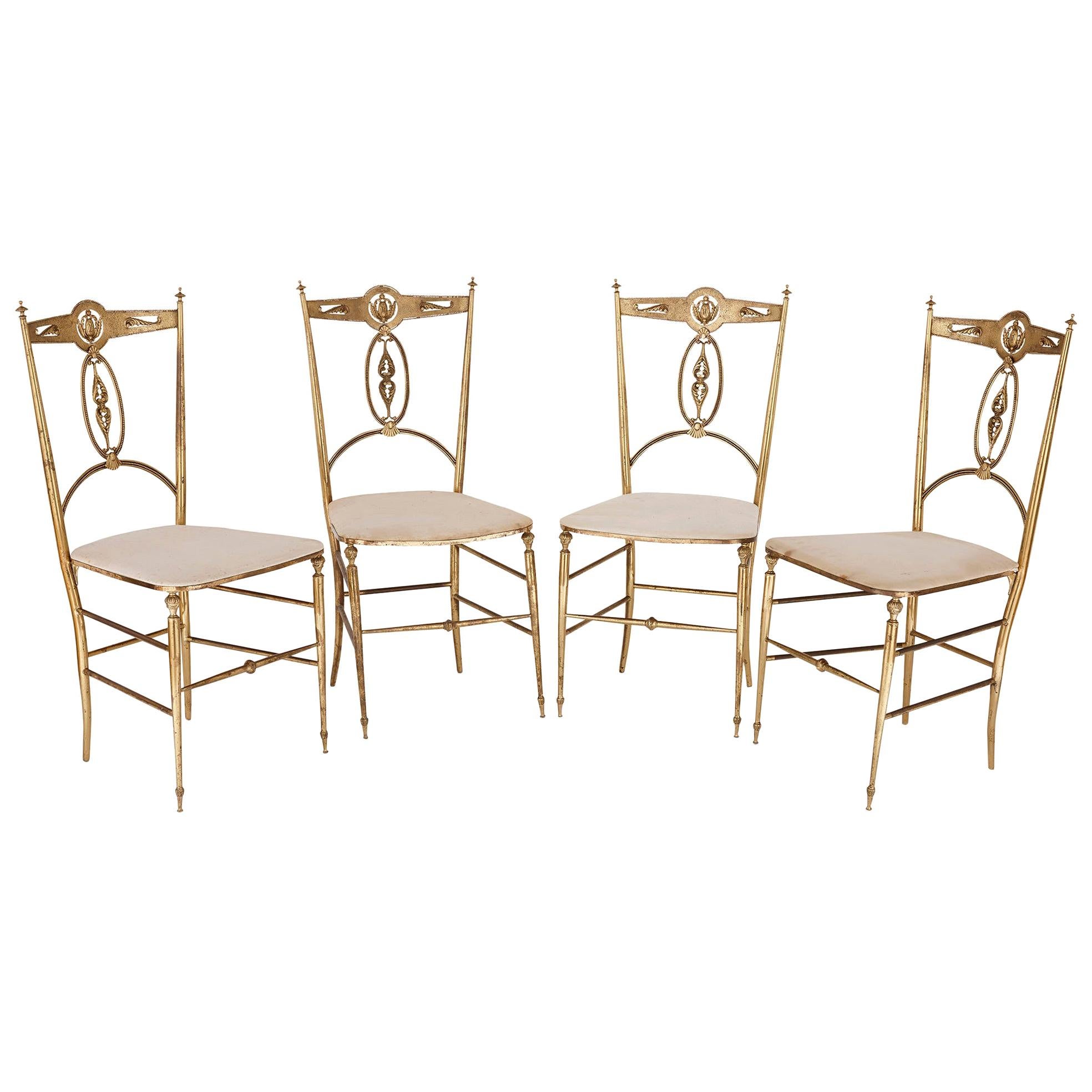 Four Italian 'Chiavari' Brass and Velvet Chairs For Sale