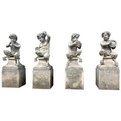 Four Italian Fauns Stone Garden Statues Representing Musicians