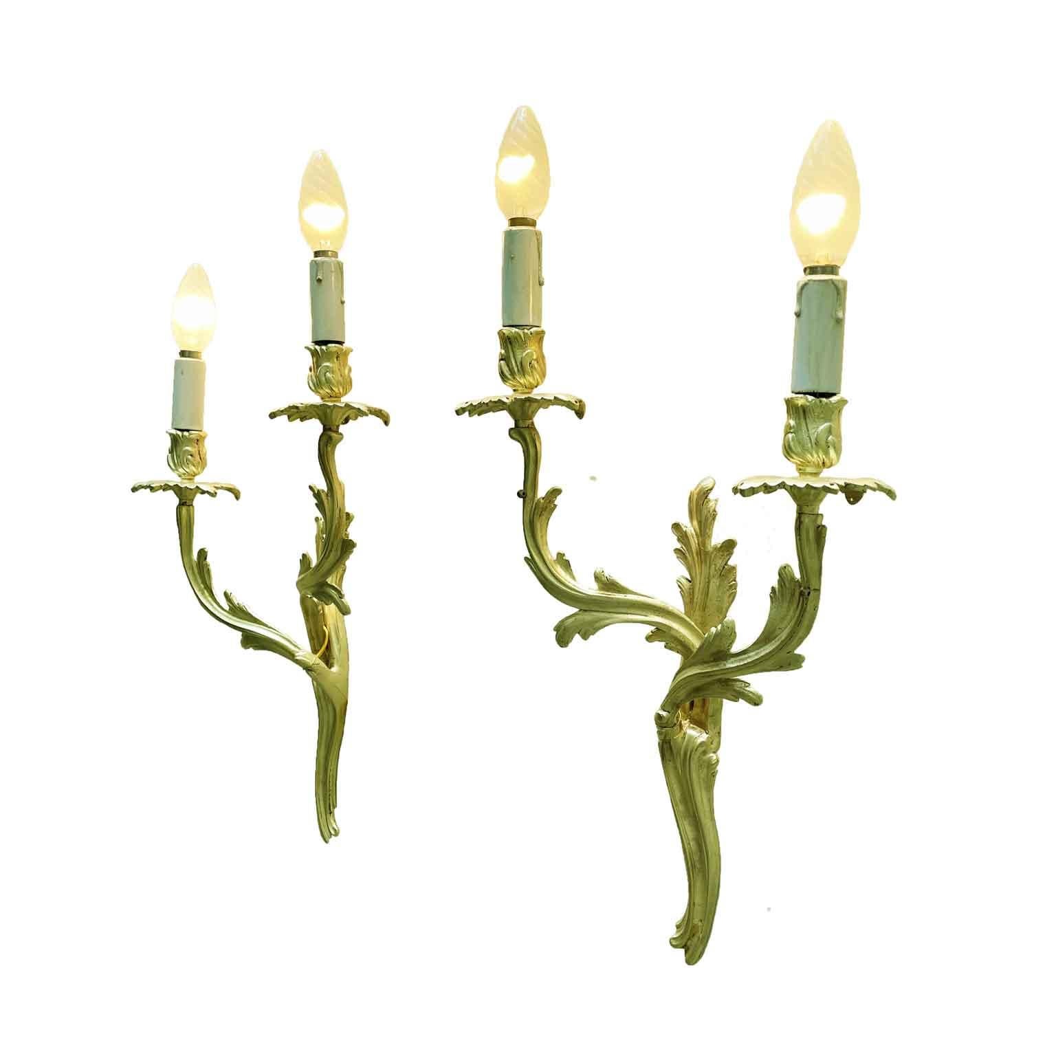 French Set of Four Italian Louis XV Style Sconces Gilt Bronze Foliate Wall Lights 1950s For Sale