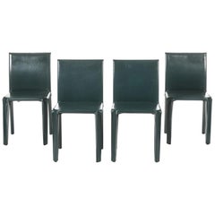 Four Italian Olive Green Leather Chairs by Arper, 1970
