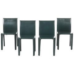 Vintage Four Italian Olive Green Leather Chairs by Arper, 1970