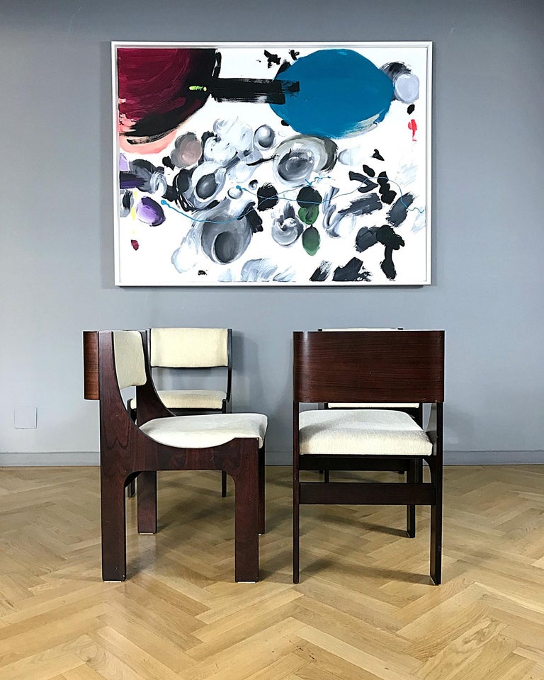 Post-Modern Four Italian Postmodern Sculptural Walnut Dining Chairs, 1980s, Italy For Sale