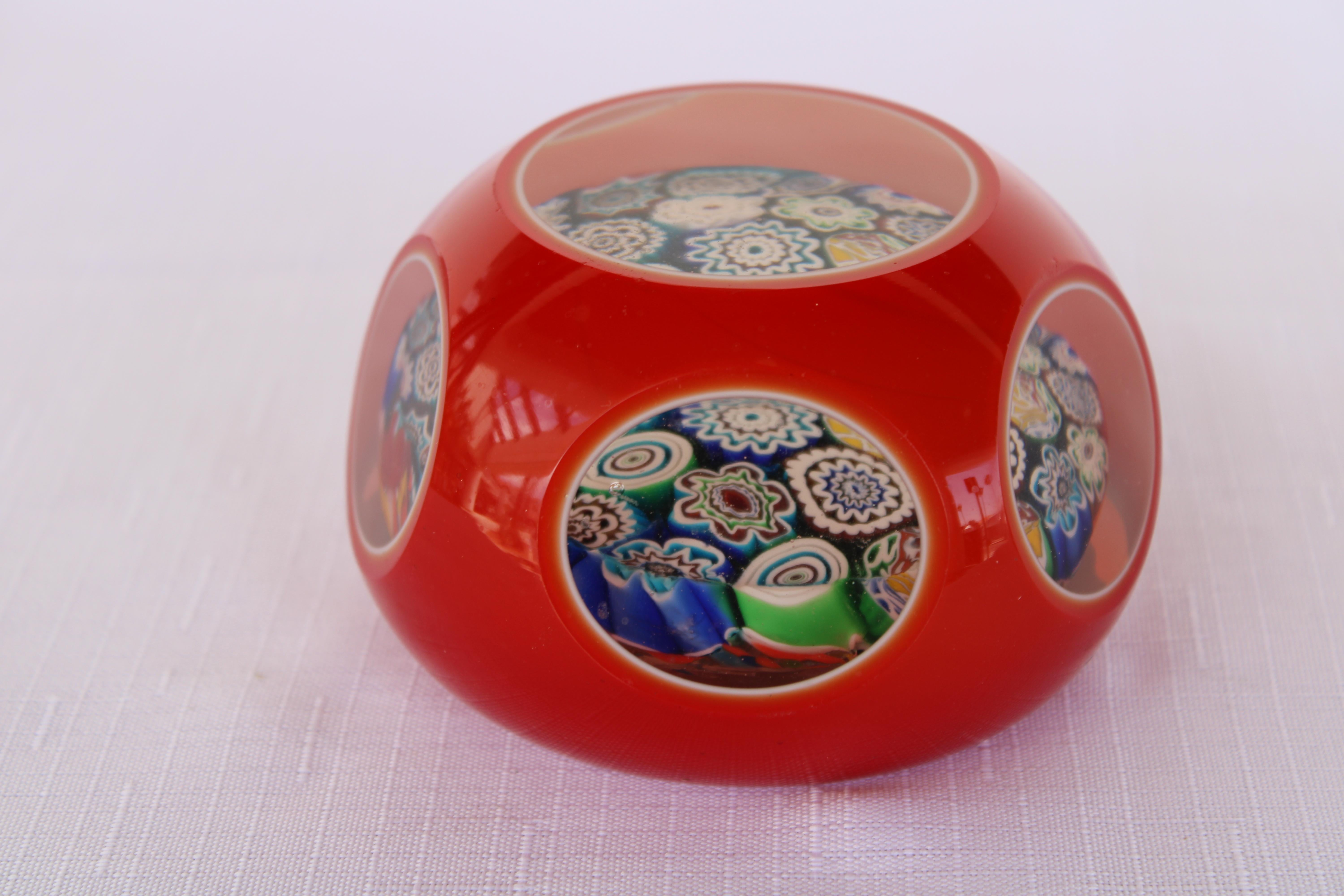 Four Italian Red Millefiori Cased Glass Paperweights For Sale 4
