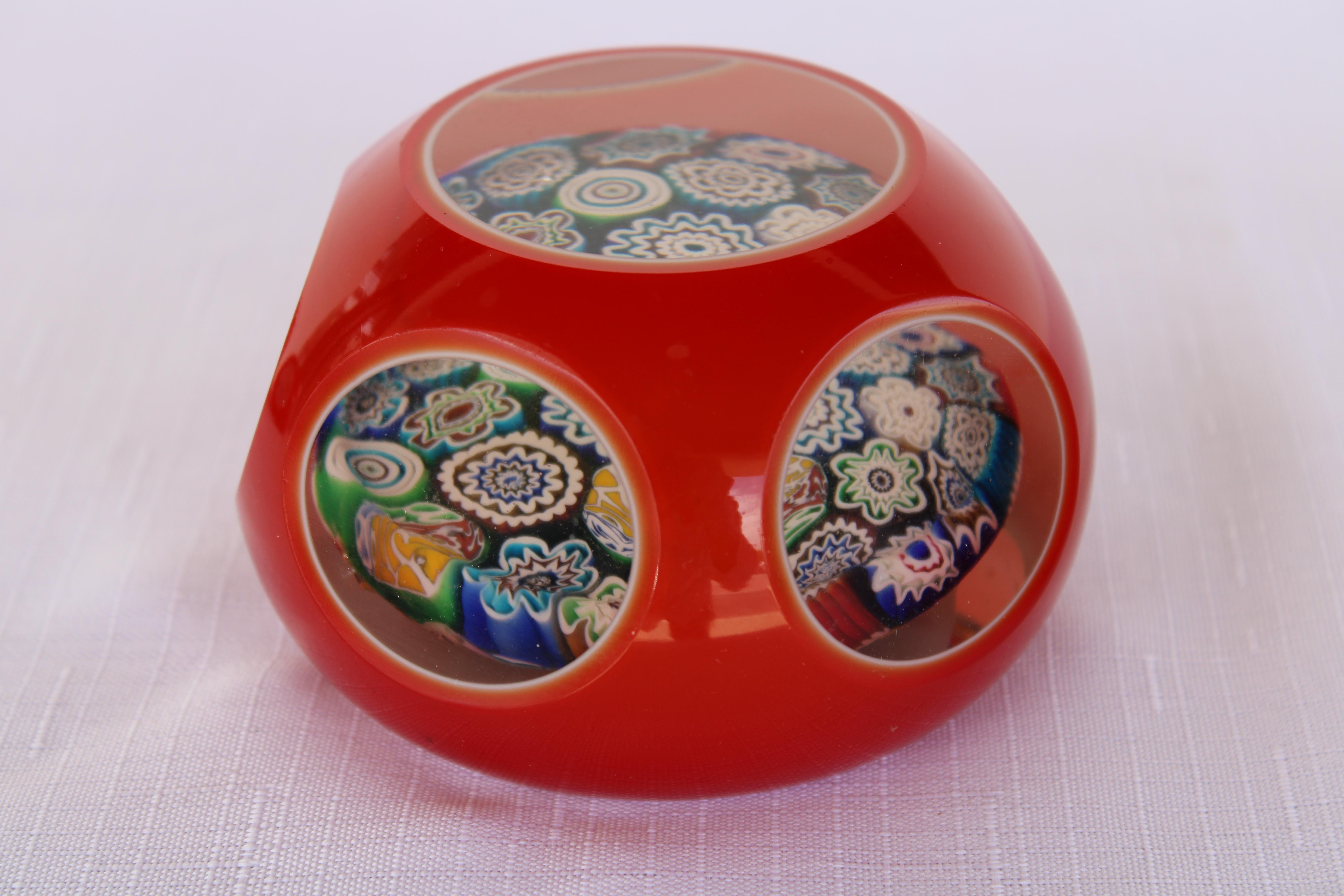 Four Italian Red Millefiori Cased Glass Paperweights For Sale 5