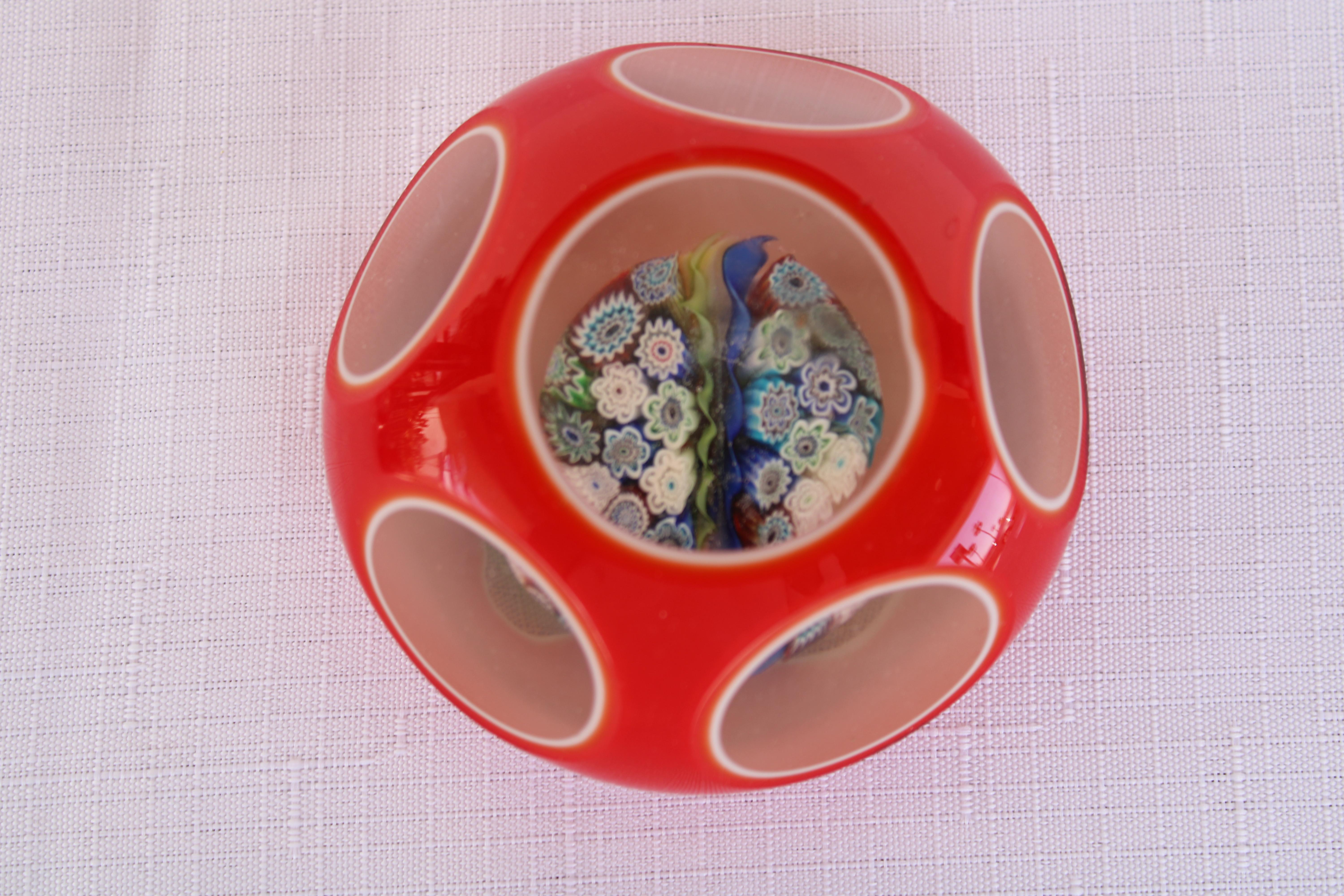 Four Italian Red Millefiori Cased Glass Paperweights For Sale 6