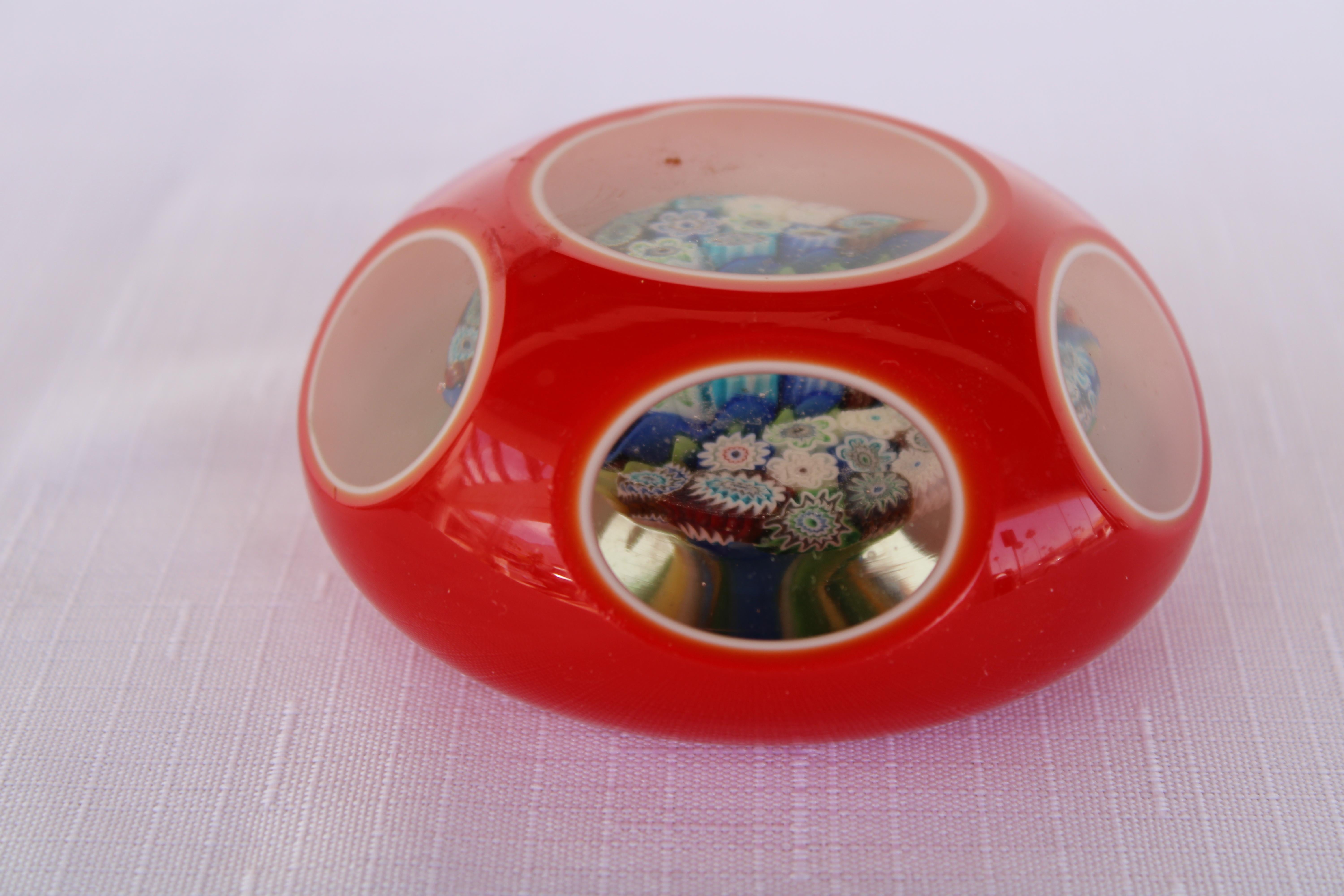 Four Italian Red Millefiori Cased Glass Paperweights For Sale 8
