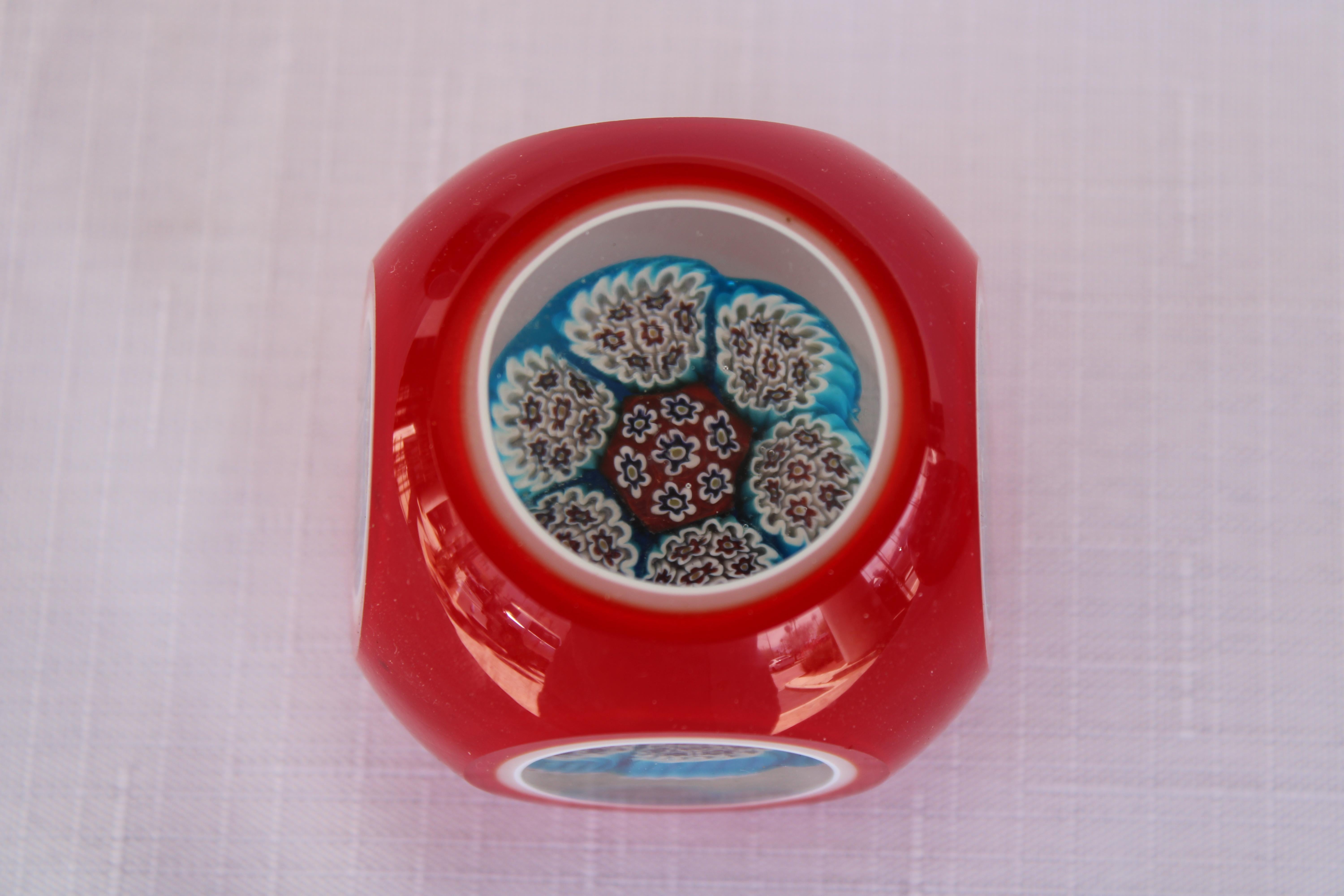 Late 20th Century Four Italian Red Millefiori Cased Glass Paperweights For Sale