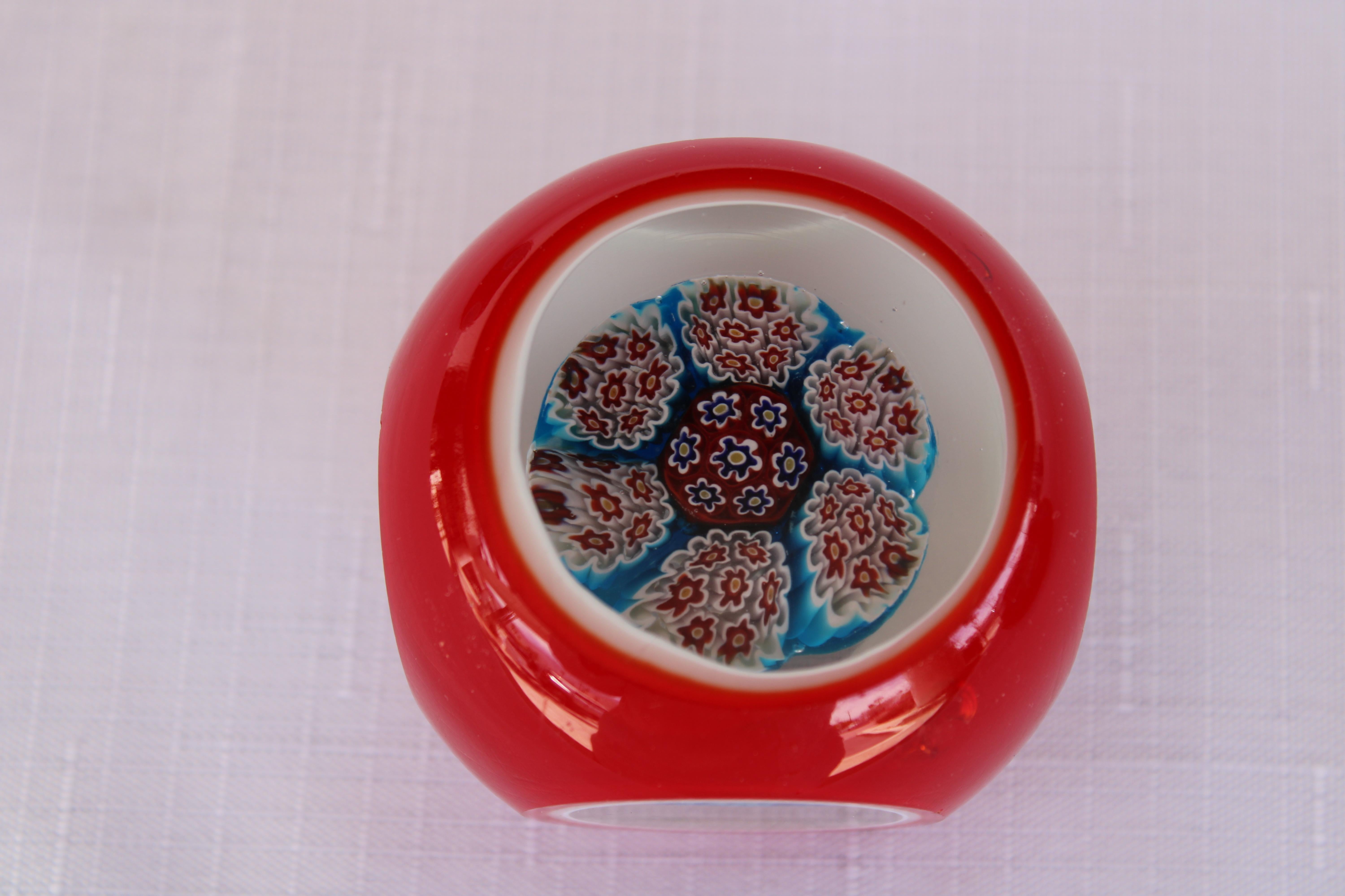 Art Glass Four Italian Red Millefiori Cased Glass Paperweights For Sale