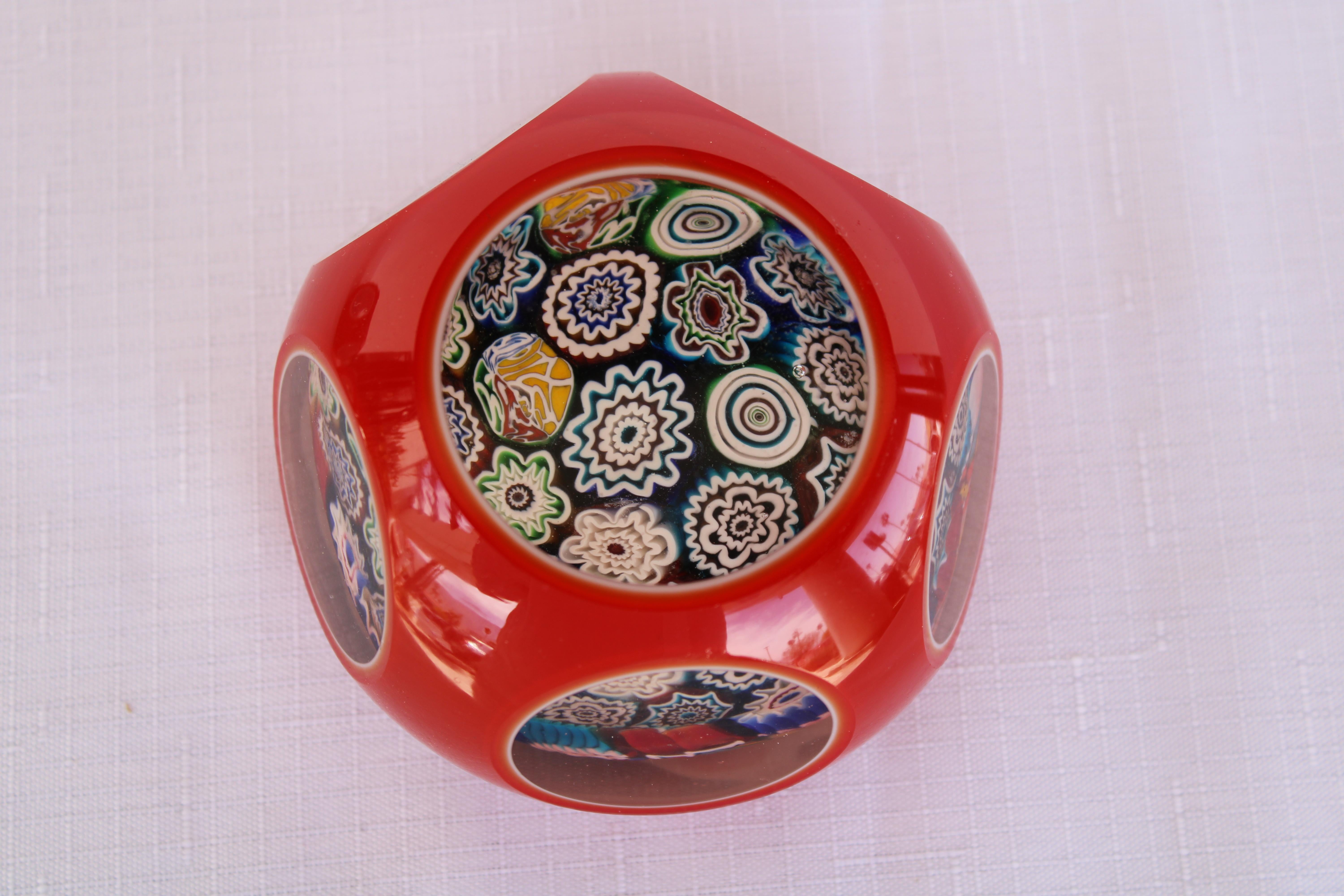 Four Italian Red Millefiori Cased Glass Paperweights For Sale 2