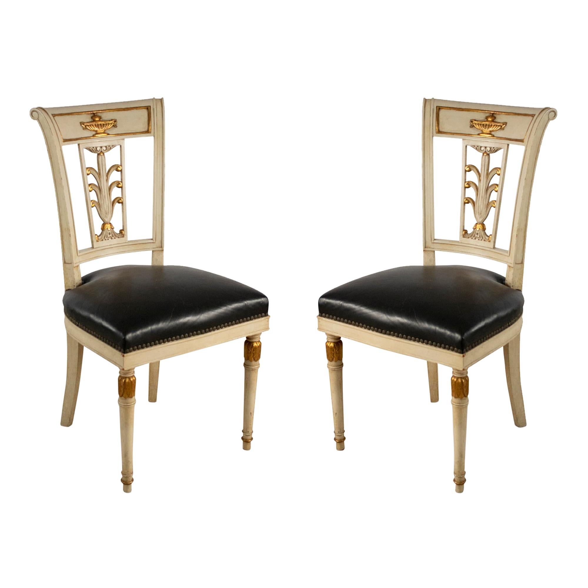 Four Jansen French Directoire Style Gilt Painted Wood and Leather Side Chairs