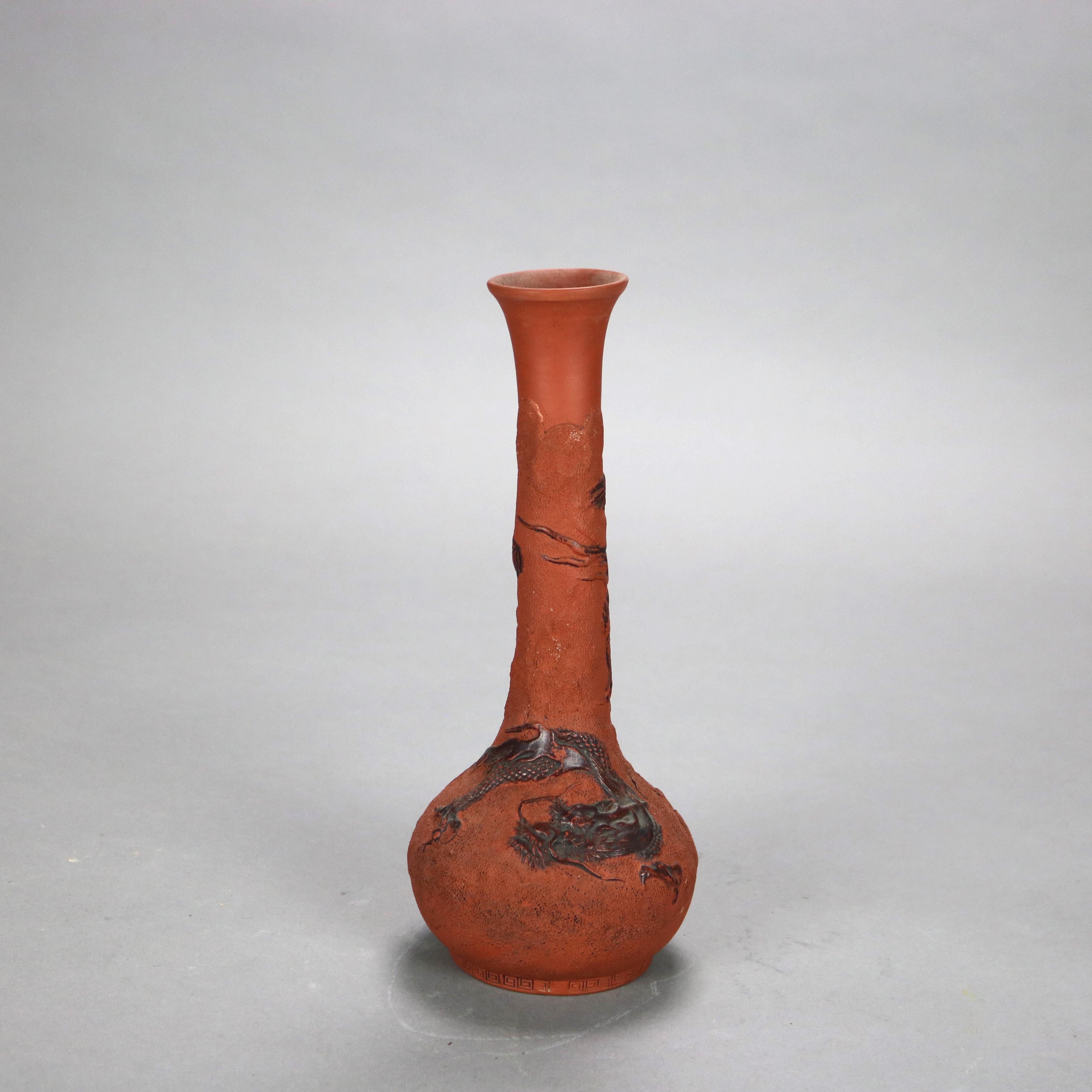 20th Century Four Japanese Embossed Terra Cotta Long Neck Vases C1930