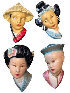 Four Japanese or Chinese People Wall Mask Vintage Italy, 1950s