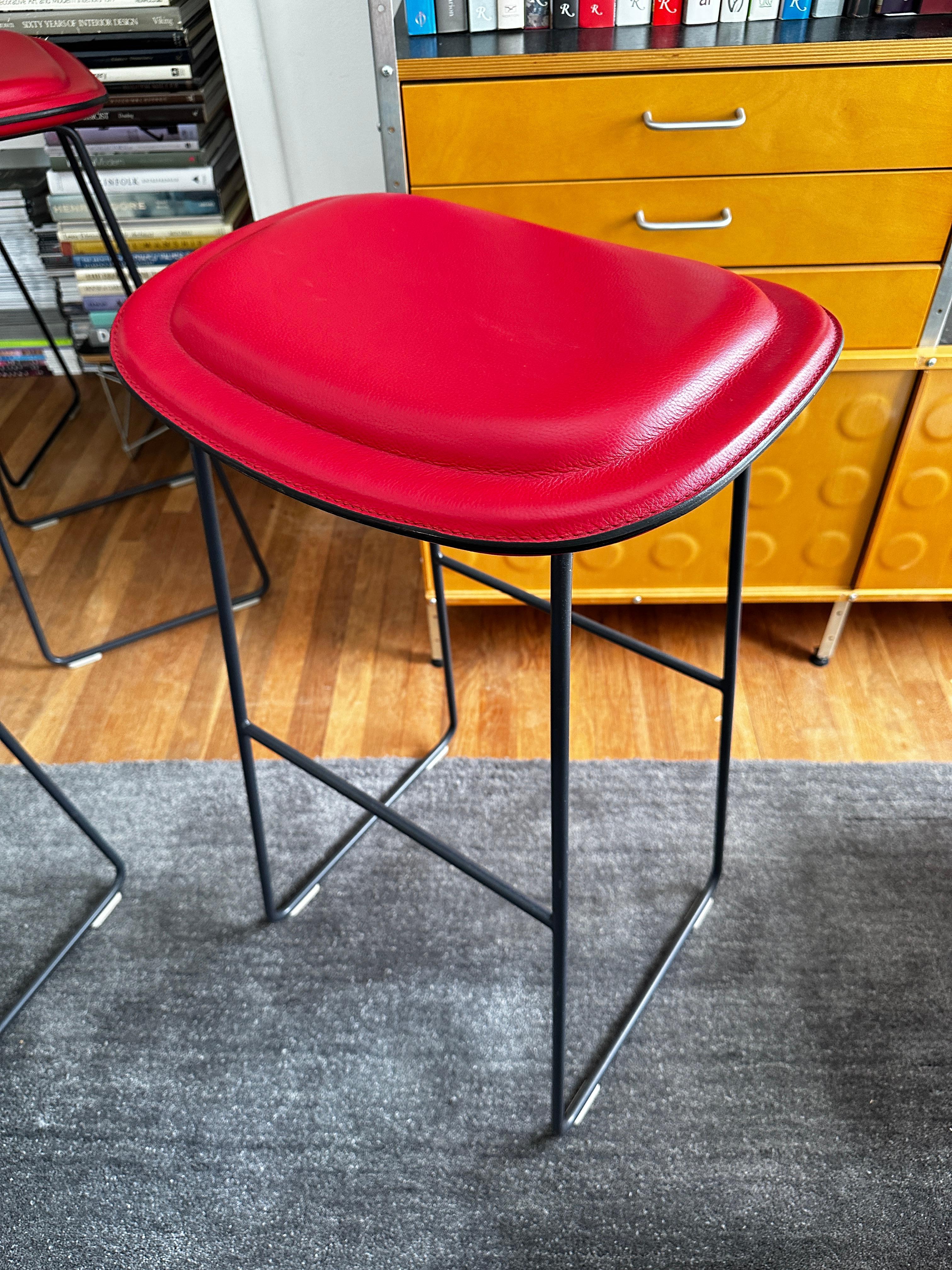 Four Jasper Morrison Hi Pad Stools In Red Leather by Cappellini For Sale 3