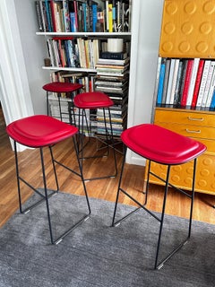 Four Jasper Morrison Hi Pad Stools In Red Leather by Cappellini