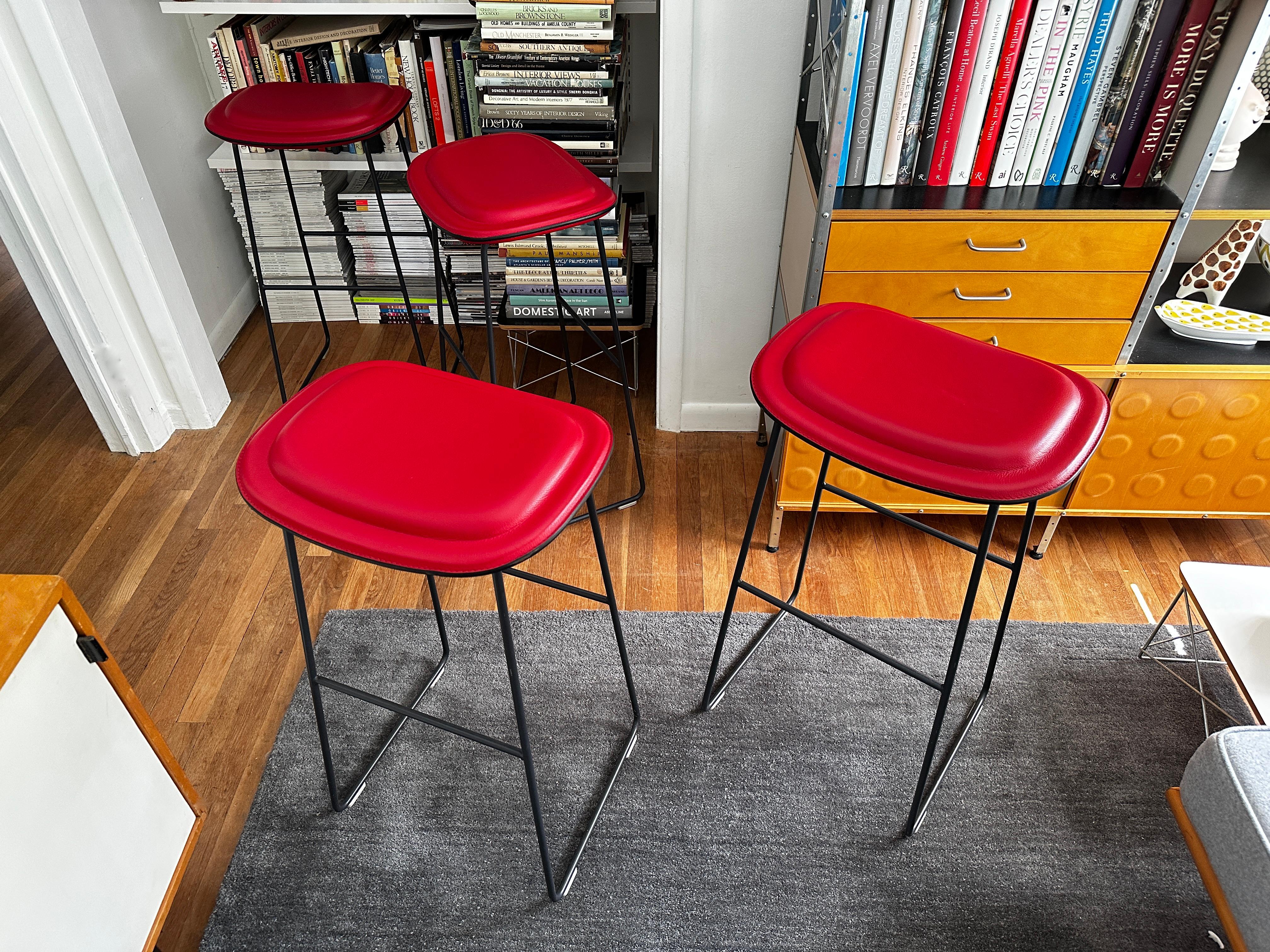Modern Four Jasper Morrison Hi Pad Stools In Red Leather by Cappellini For Sale