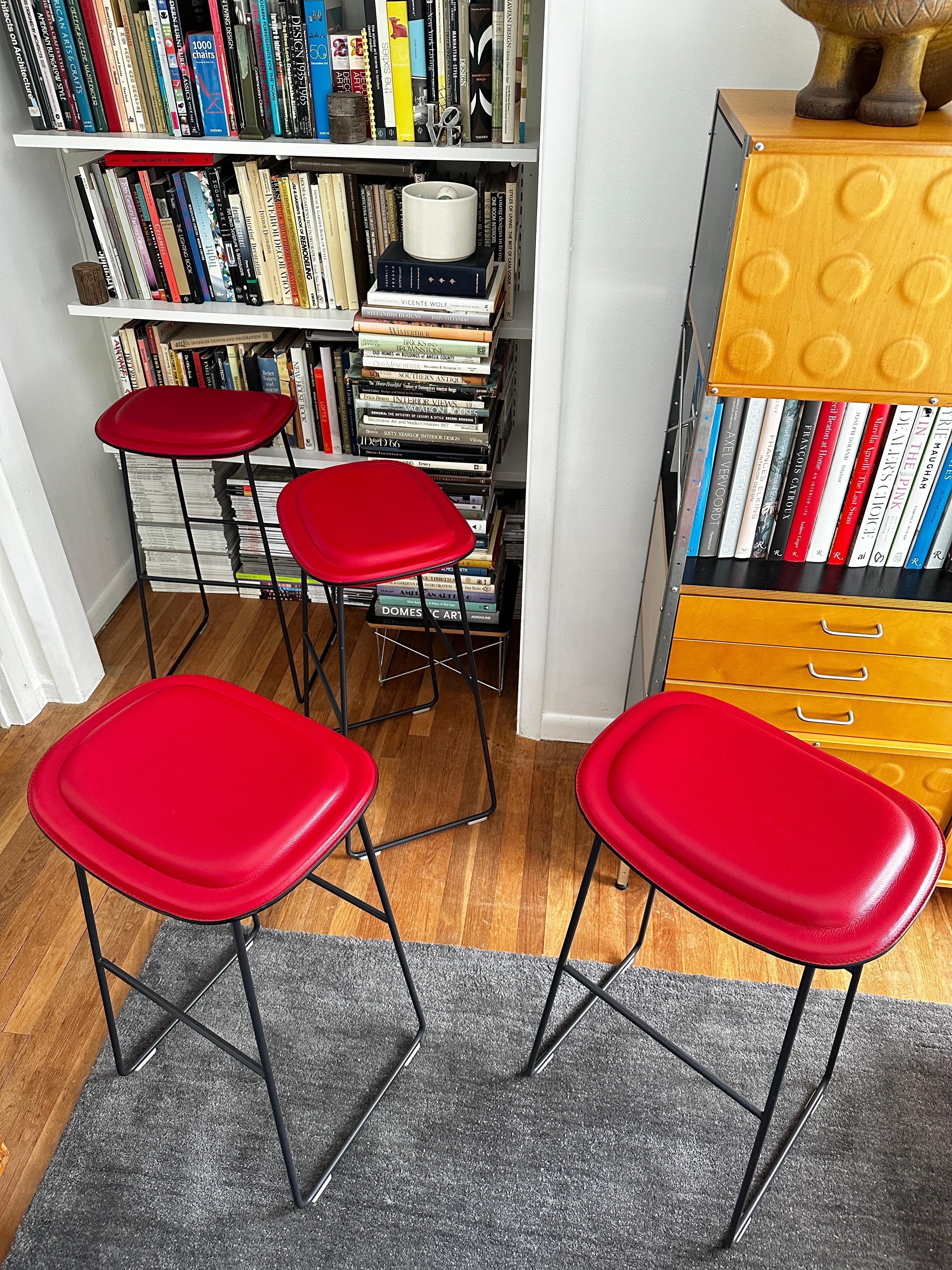 Italian Four Jasper Morrison Hi Pad Stools In Red Leather by Cappellini For Sale