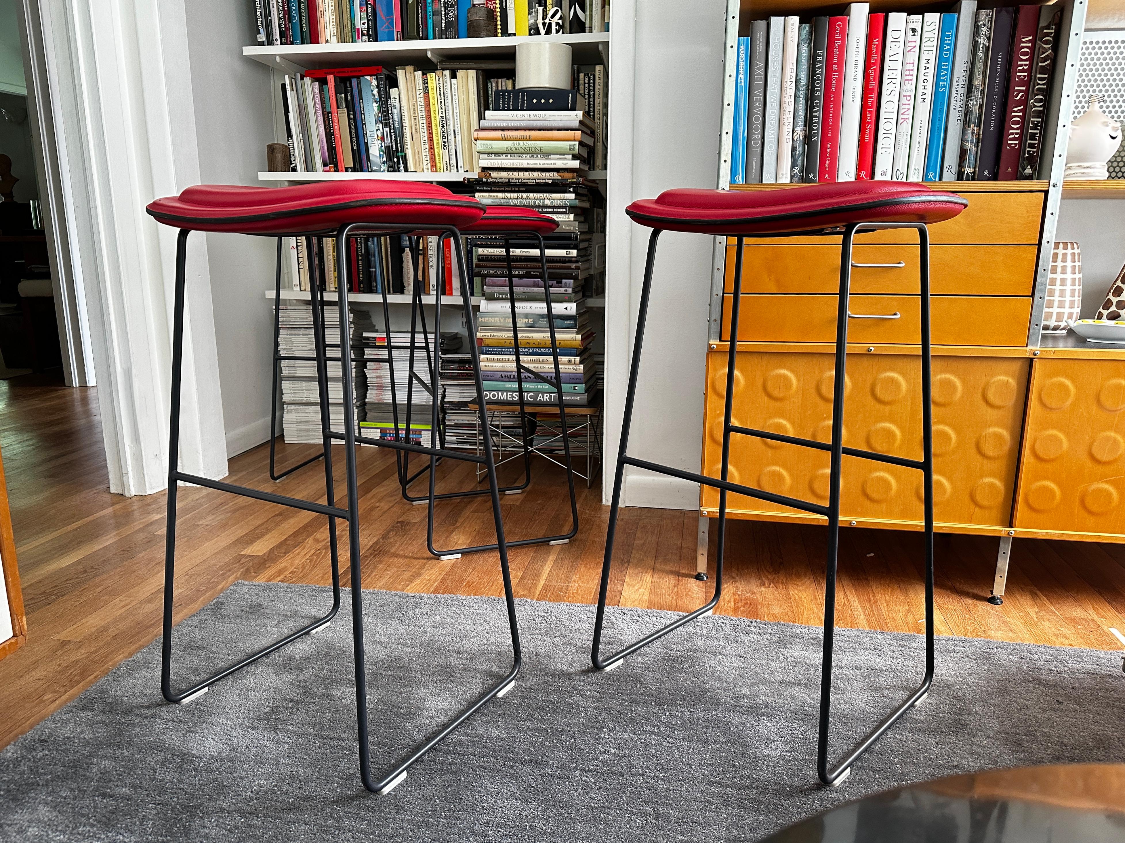 Four Jasper Morrison Hi Pad Stools In Red Leather by Cappellini In Good Condition For Sale In Doraville, GA