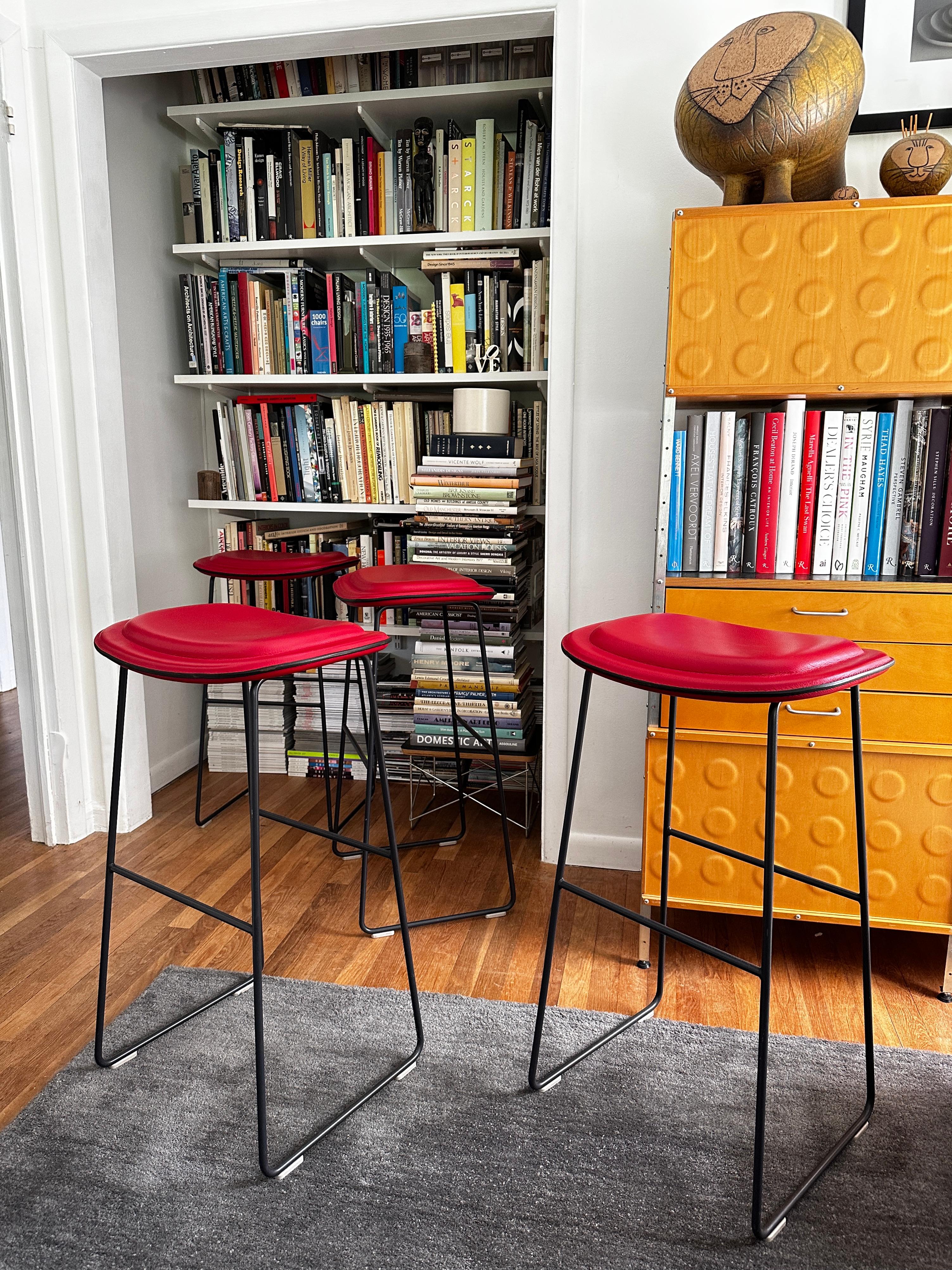 Contemporary Four Jasper Morrison Hi Pad Stools In Red Leather by Cappellini For Sale