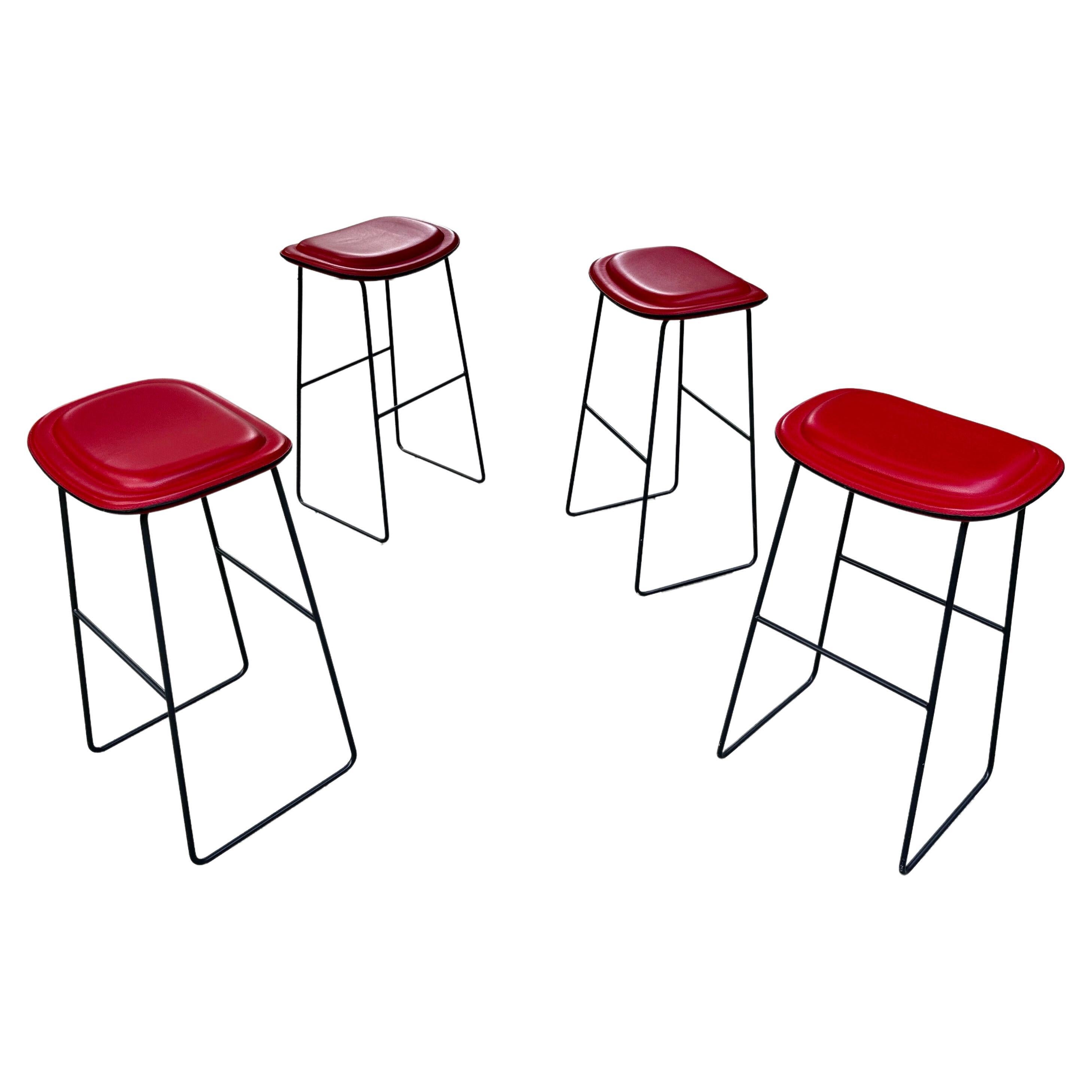 Four Jasper Morrison Hi Pad Stools In Red Leather by Cappellini For Sale