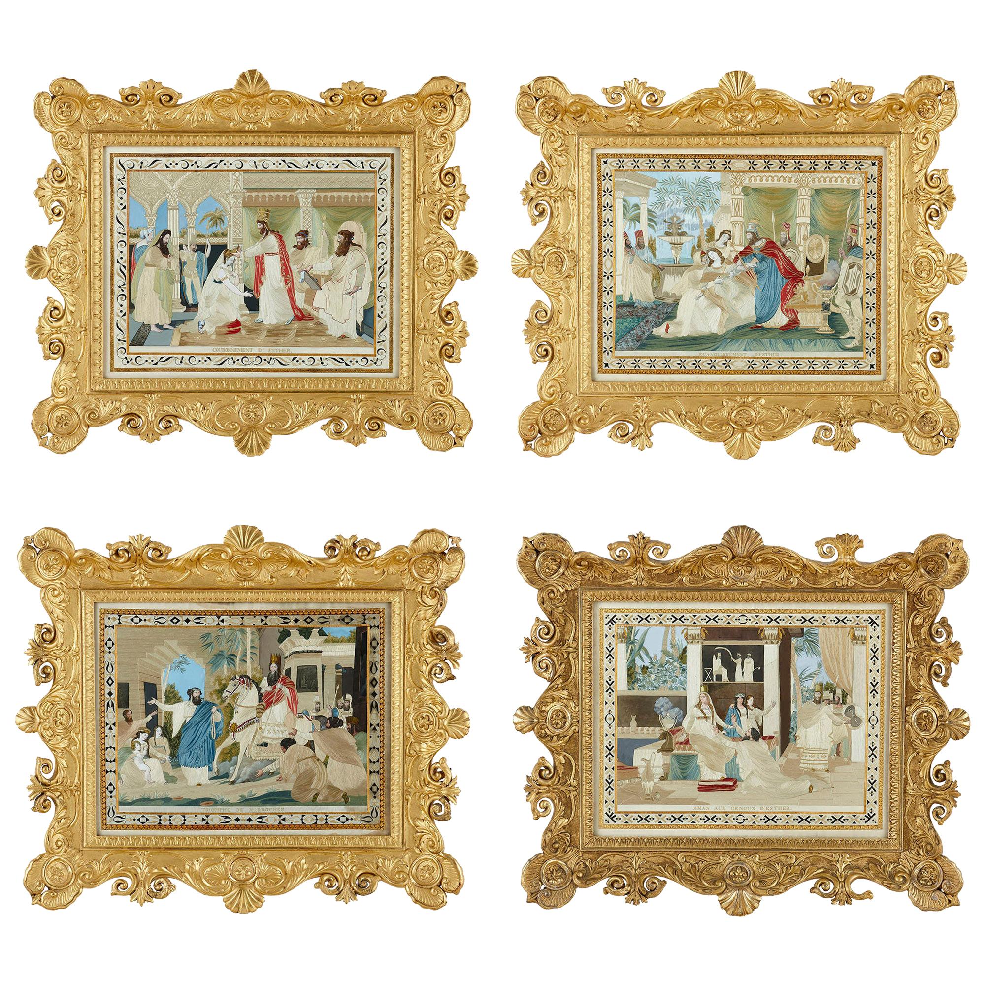Four Jewish Silk Embroidered Images from the Book of Esther For Sale