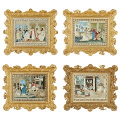 Antique Four Jewish Silk Embroidered Images from the Book of Esther