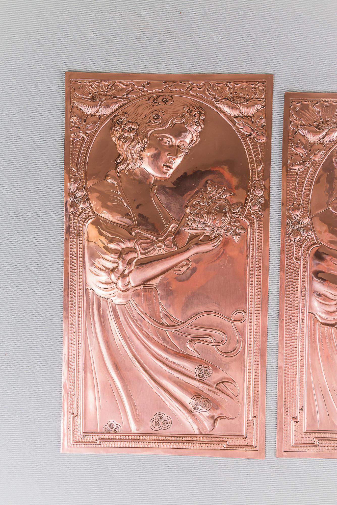 Four Jugendstil copper reliefs, circa 1907s
Polished and stove enameled
Priced and sell per piece
The bigger ones are: 31cm x 16.5cm x 2cm
The smaller ones are: 30cm x 18cm x 2cm.