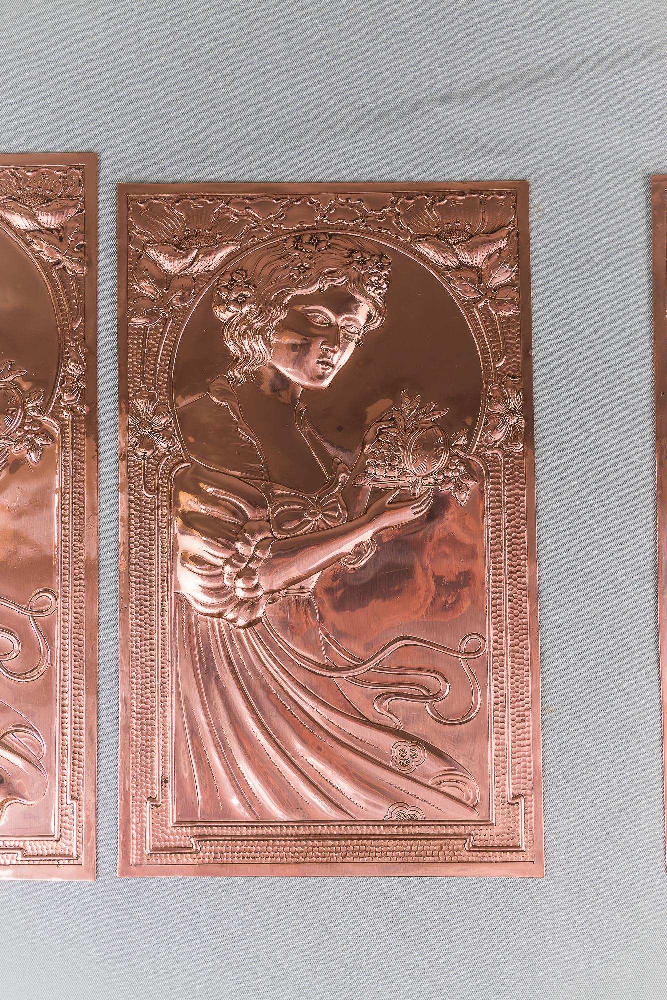 Austrian Four Jugendstil Copper Reliefs, circa 1907s
