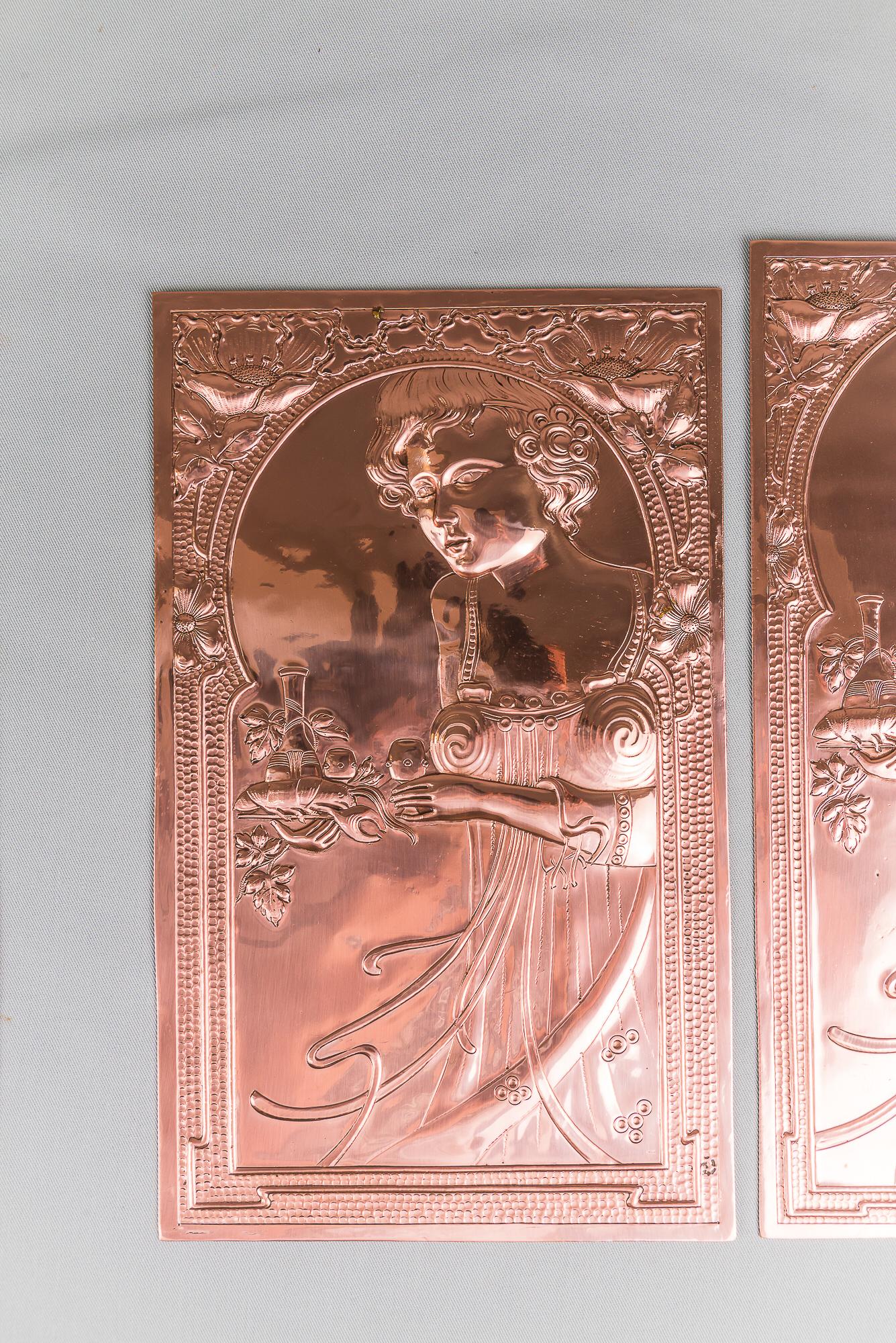 Lacquered Four Jugendstil Copper Reliefs, circa 1907s