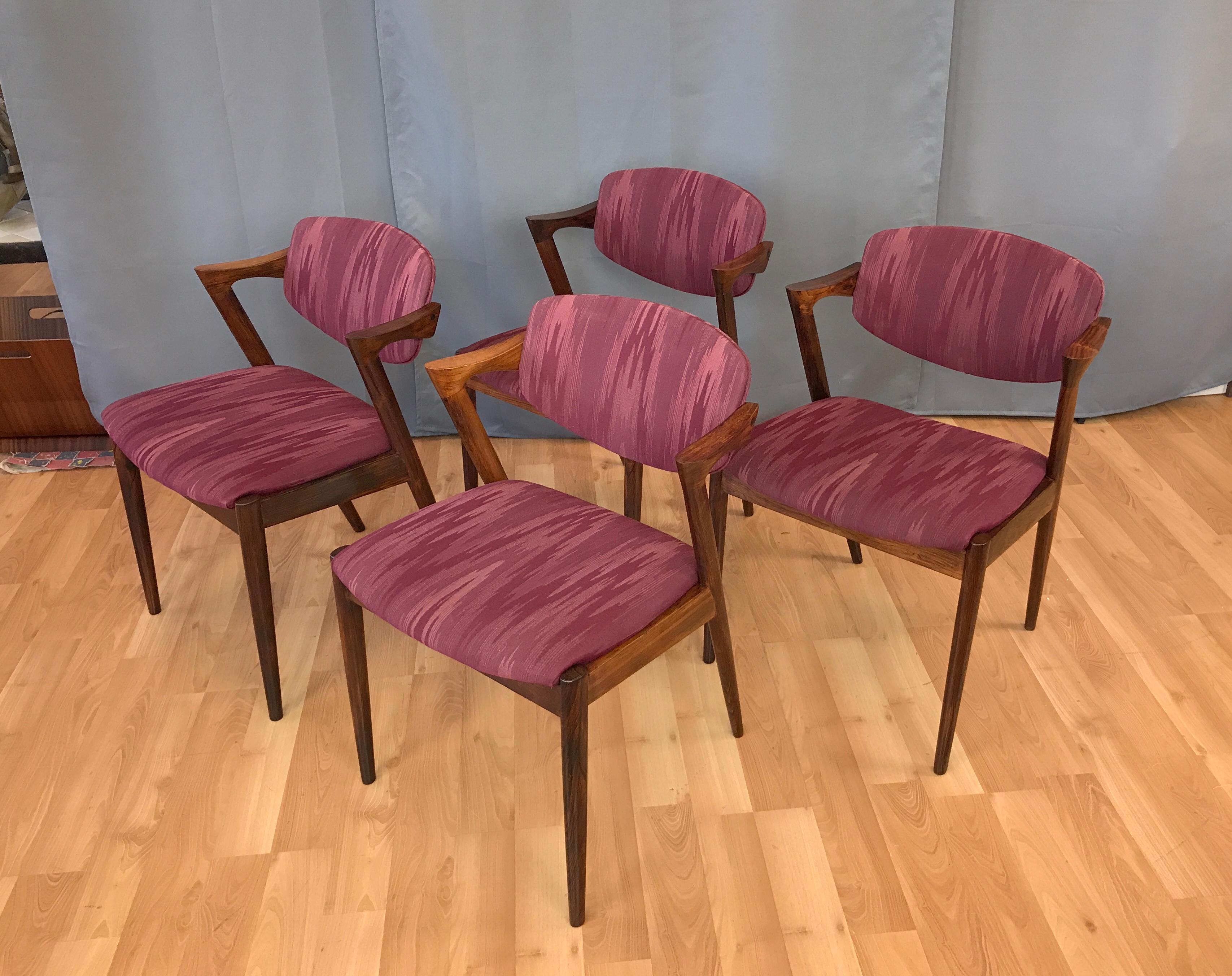Four Kai Kristiansen designed Rosewood dining chairs with adjustable backrests, for Schou Andersen, Denmark. Their the “Model 42” his most celebrated design.