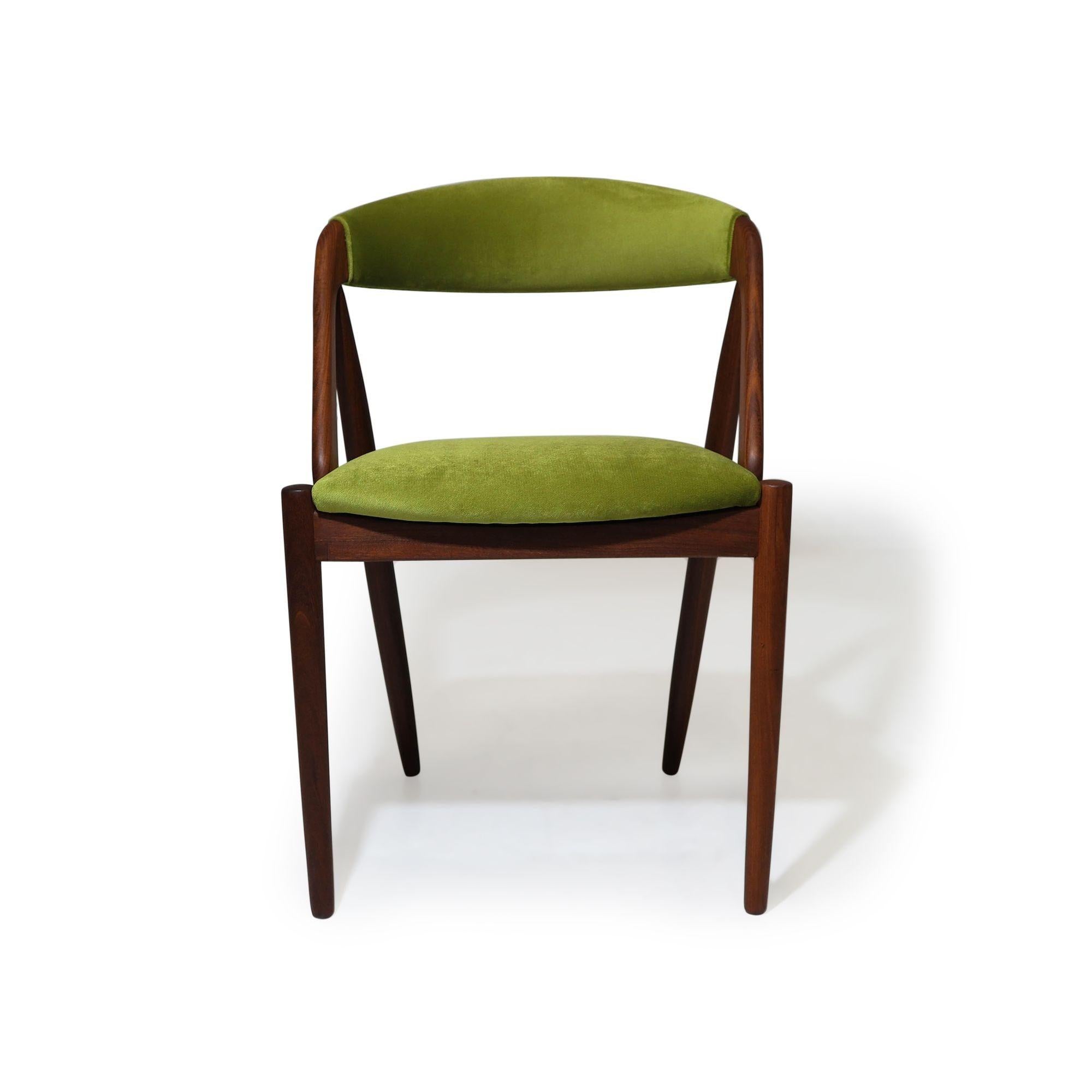 Oiled Four Kai Kristiansen Walnut Danish Dining Chairs in Green Velvet