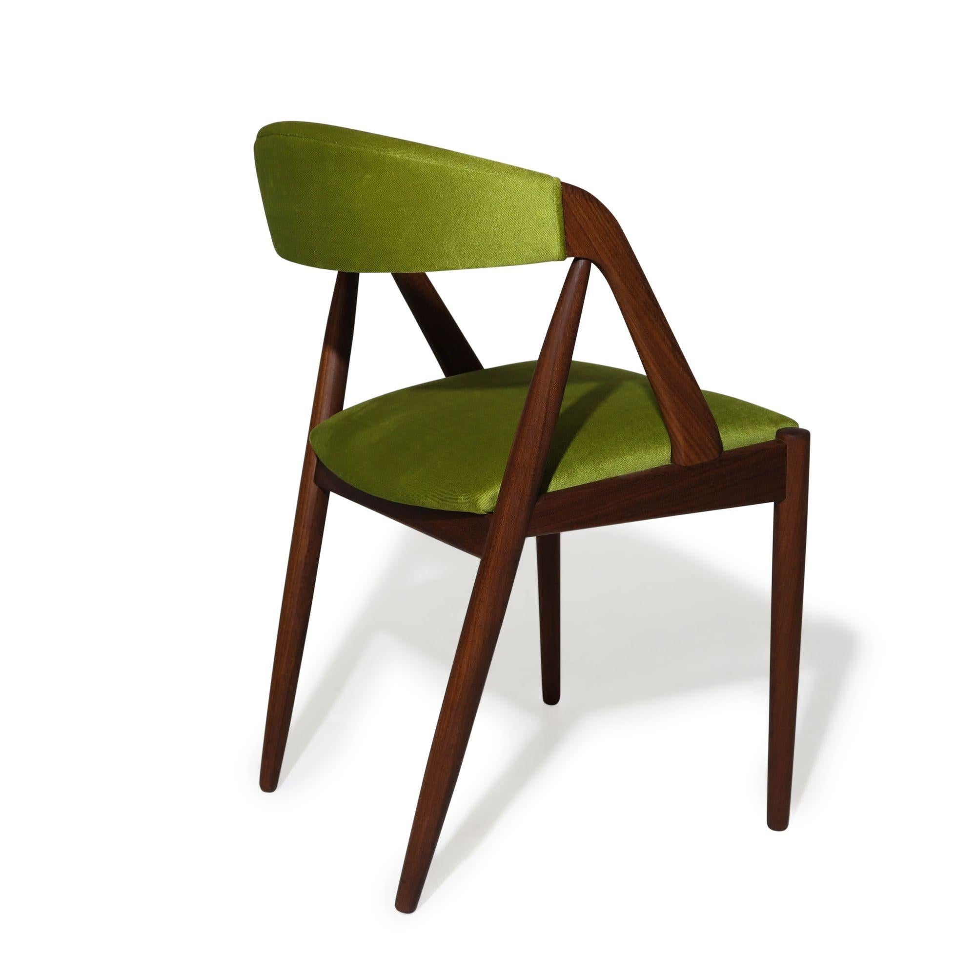 Four Kai Kristiansen Walnut Danish Dining Chairs in Green Velvet 2