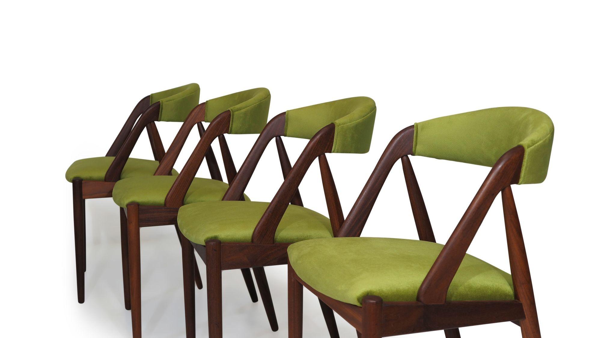 Four Kai Kristiansen Walnut Danish Dining Chairs in Green Velvet 3