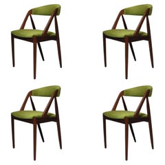 Four Kai Kristiansen Walnut Danish Dining Chairs in Green Velvet