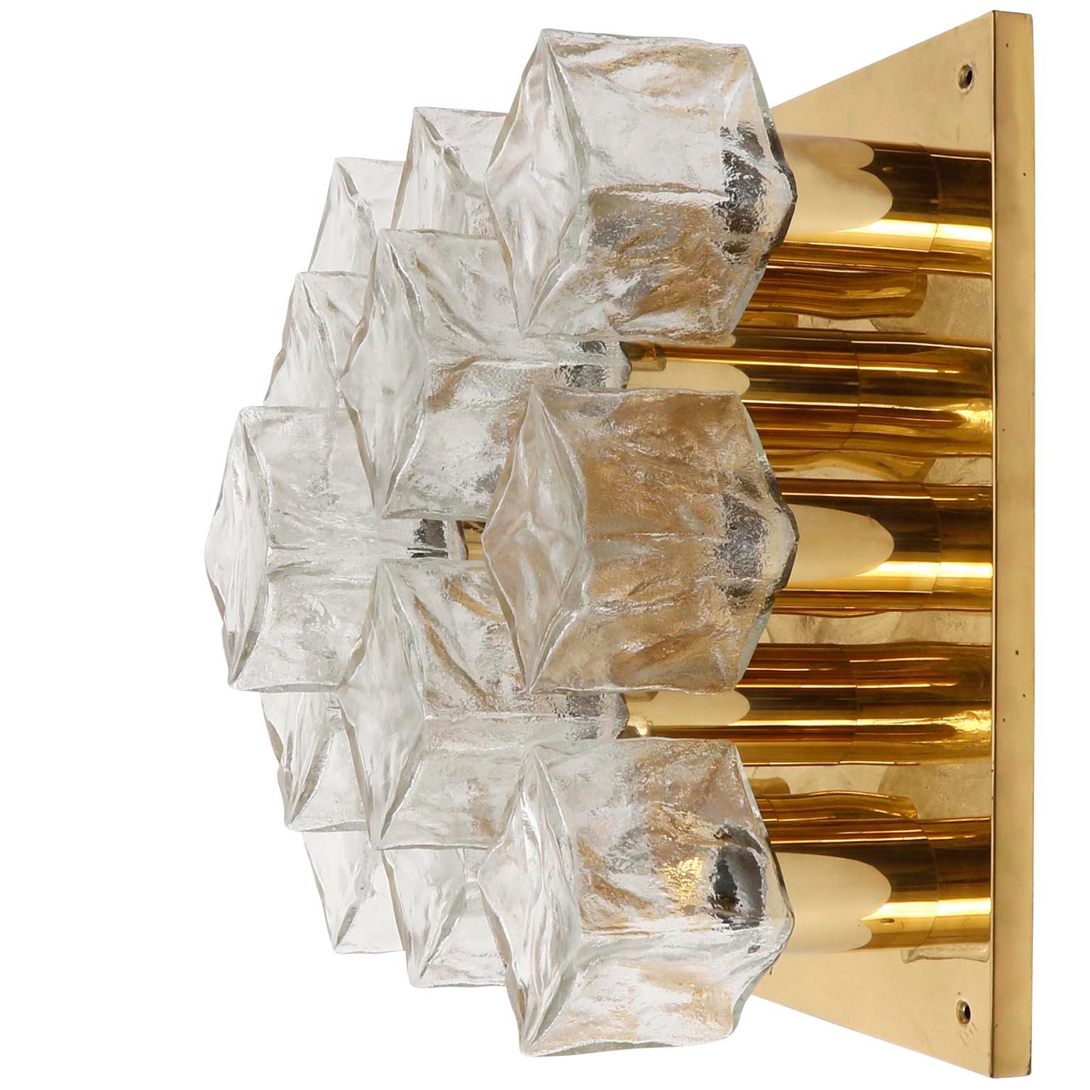 One of Three Kalmar Flush Mount Lights or Sconces, Brass Cast Ice Glass, 1970s For Sale 5