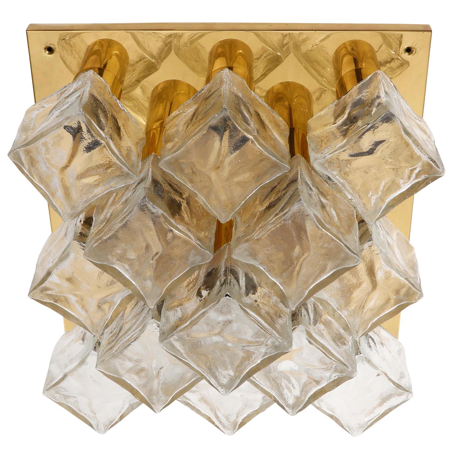 Mid-Century Modern One of Three Kalmar Flush Mount Lights or Sconces, Brass Cast Ice Glass, 1970s For Sale
