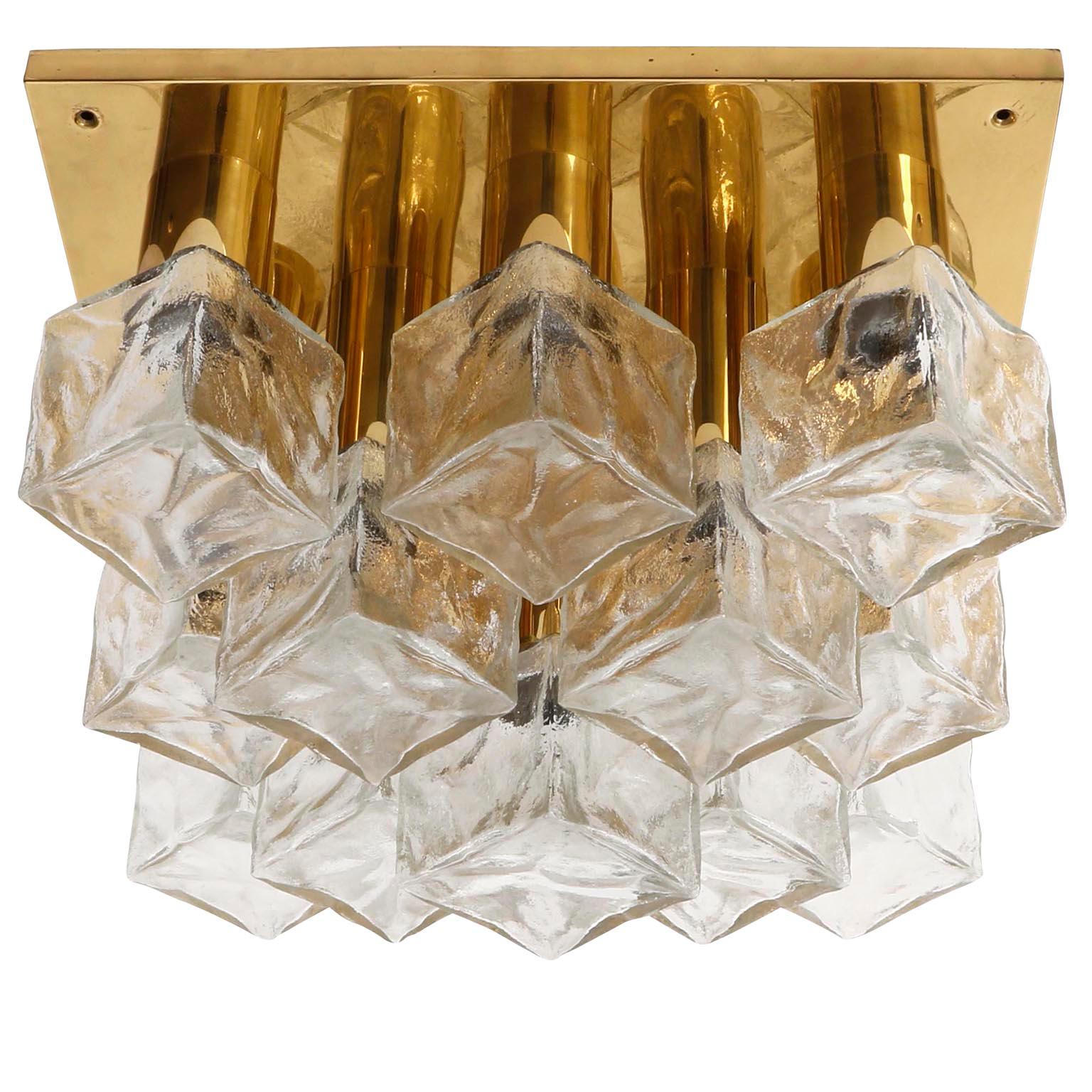 Austrian One of Three Kalmar Flush Mount Lights or Sconces, Brass Cast Ice Glass, 1970s For Sale