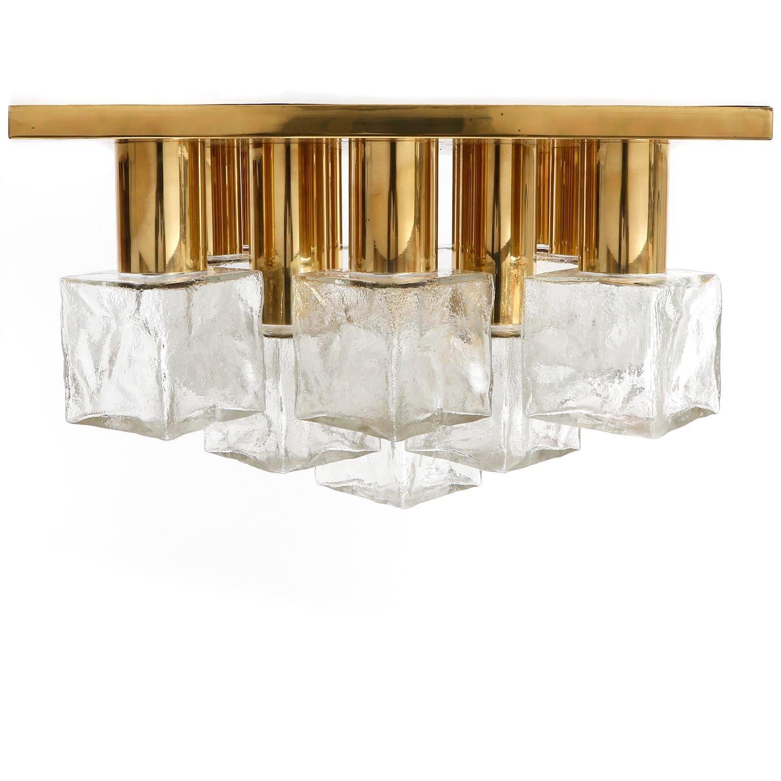 Late 20th Century One of Three Kalmar Flush Mount Lights or Sconces, Brass Cast Ice Glass, 1970s For Sale