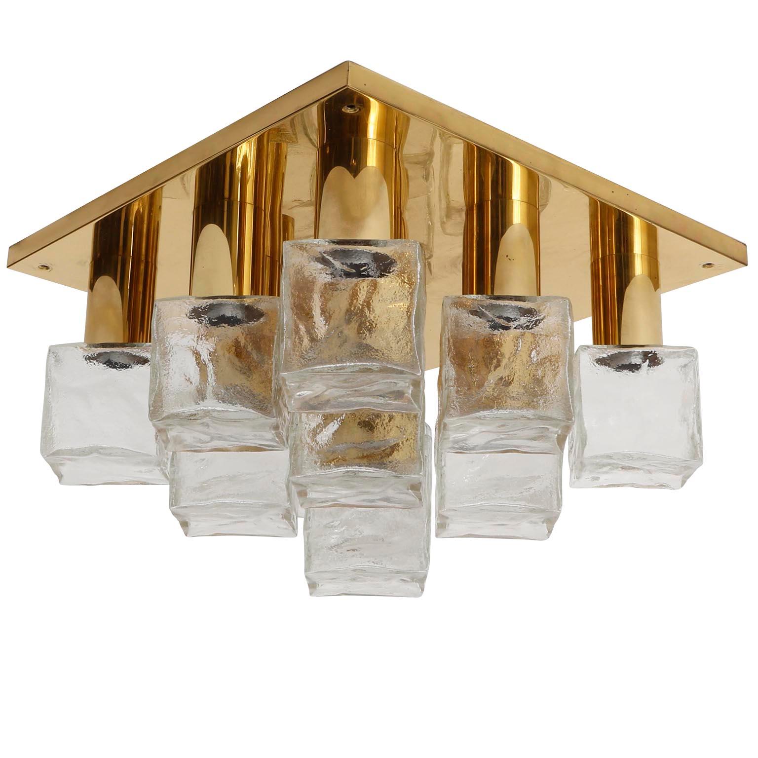 One of Three Kalmar Flush Mount Lights or Sconces, Brass Cast Ice Glass, 1970s For Sale 1