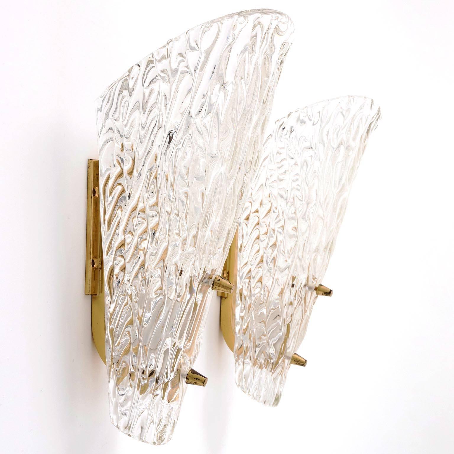 Mid-20th Century Four Kalmar Sconces, Textured Glass Brass, 1960