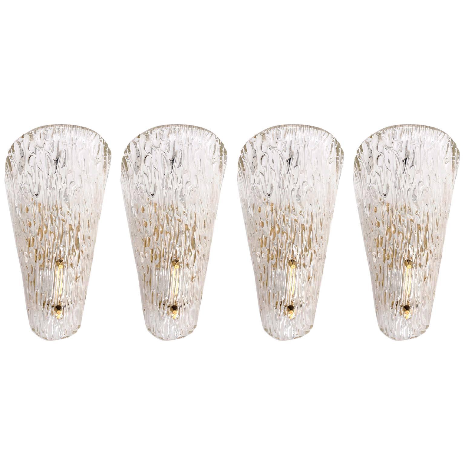 Four Kalmar Sconces, Textured Glass Brass, 1960