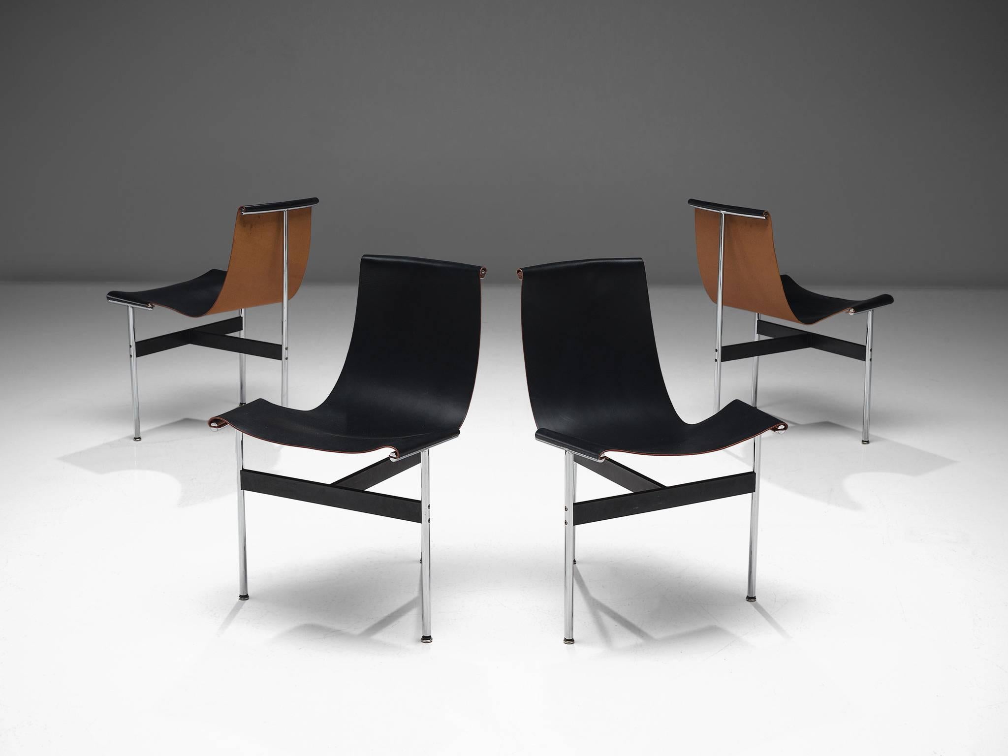 Katavolos, Kelley and Littell, chair, chrome-plated steel, enameled steel and black leather, United States, 1952.

This set of elegant and playful three-legged chairs seems almost too delicate to sit in. But in fact these sensuous chairs are very