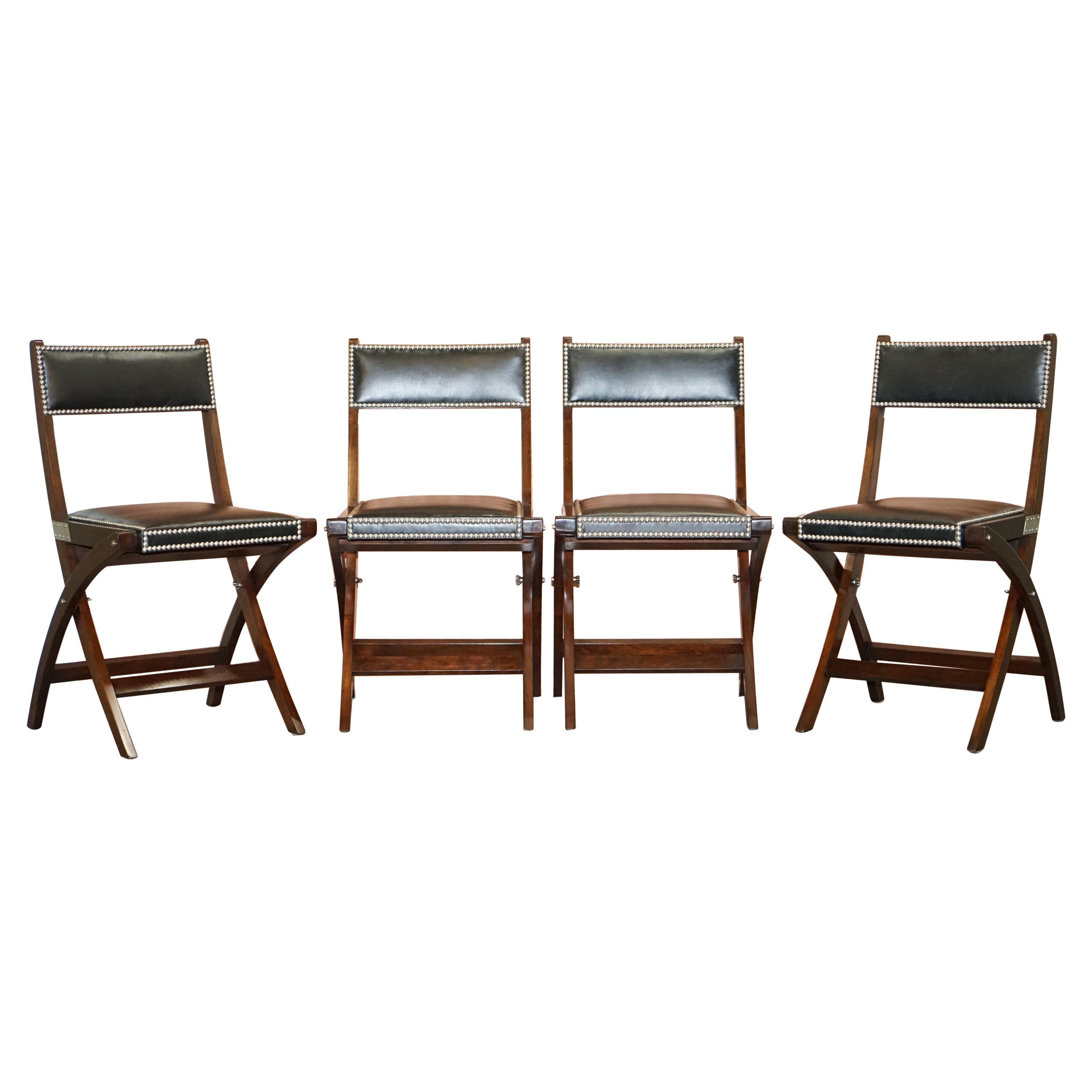Four Kennedy Harrods London Military Campaign Leather Dining Chairs 4