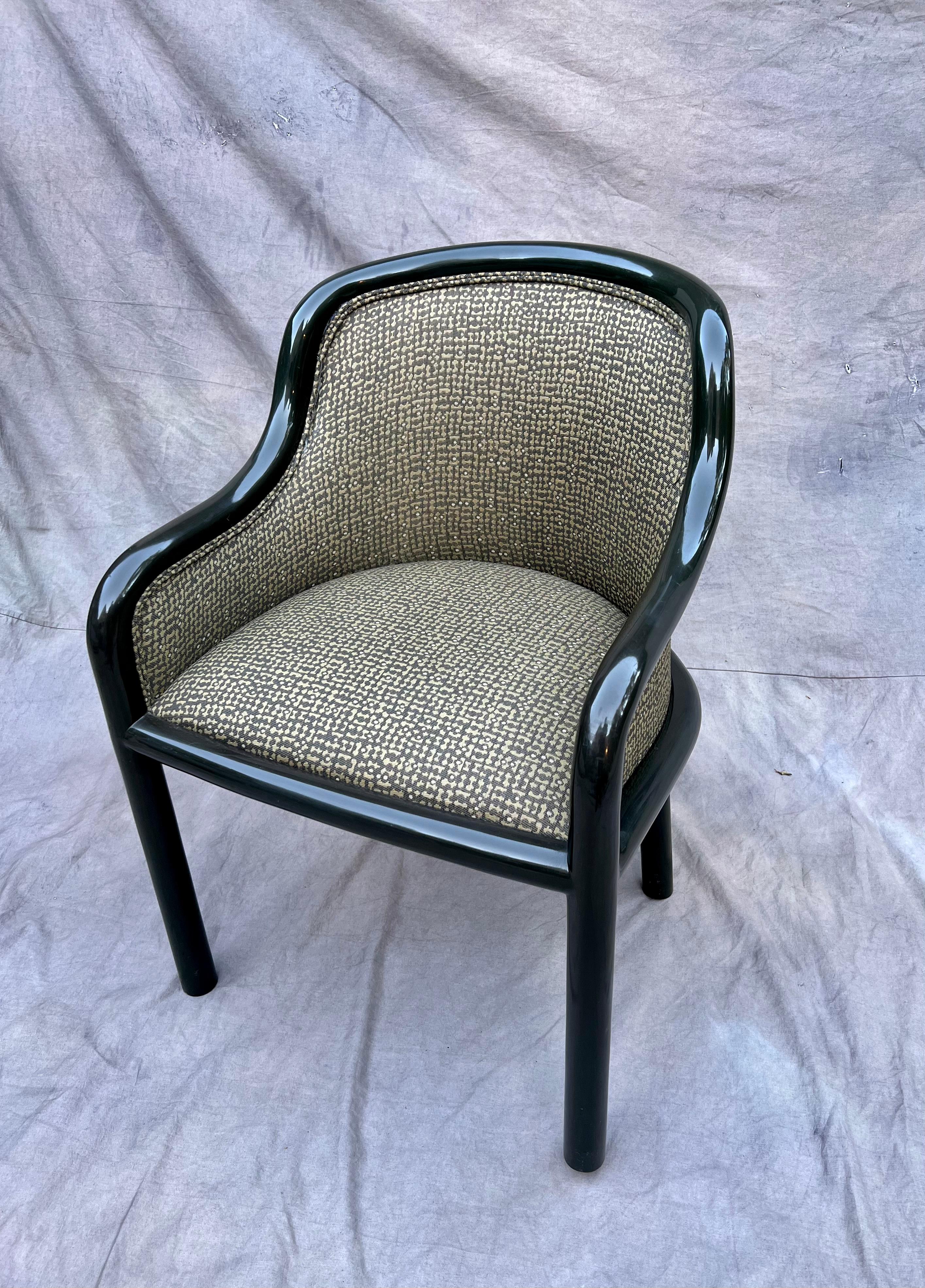 Signed. We have four lacquered chairs by Karl Springer, a compliment to any dining room area or game table. Color is a unique mix of green and gray and upholstery is in good condition. These are rare and hard to find.