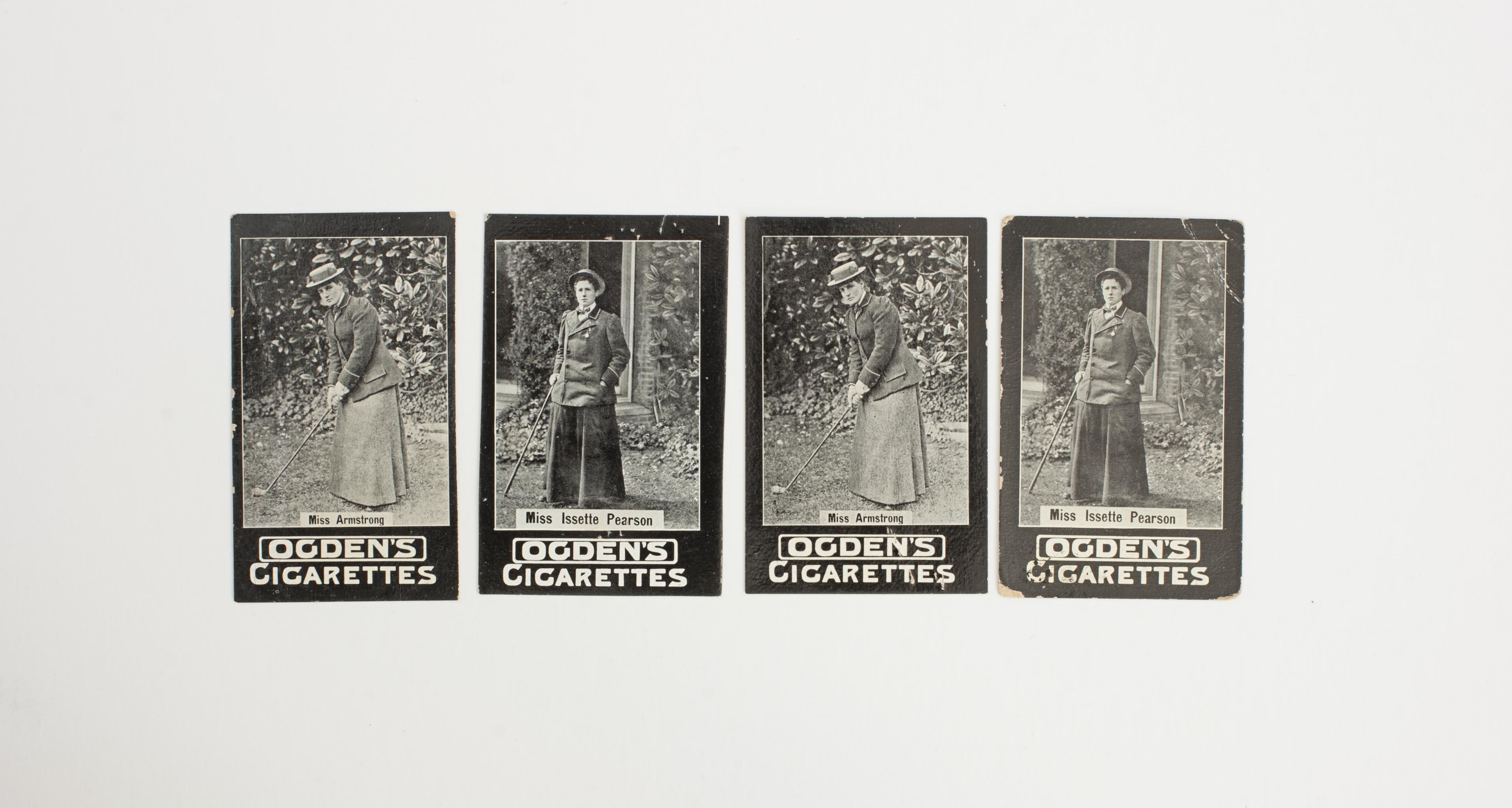 Ogden Tab Cigarette Cards Of Ladies Golfers.
The four Ogden Tab Cigarette cards are of two lady golfers, Miss Issette Pearson and Miss Armstrong. The Ogden's cigarette cards are with distinctive black borders, white block print and a main photo