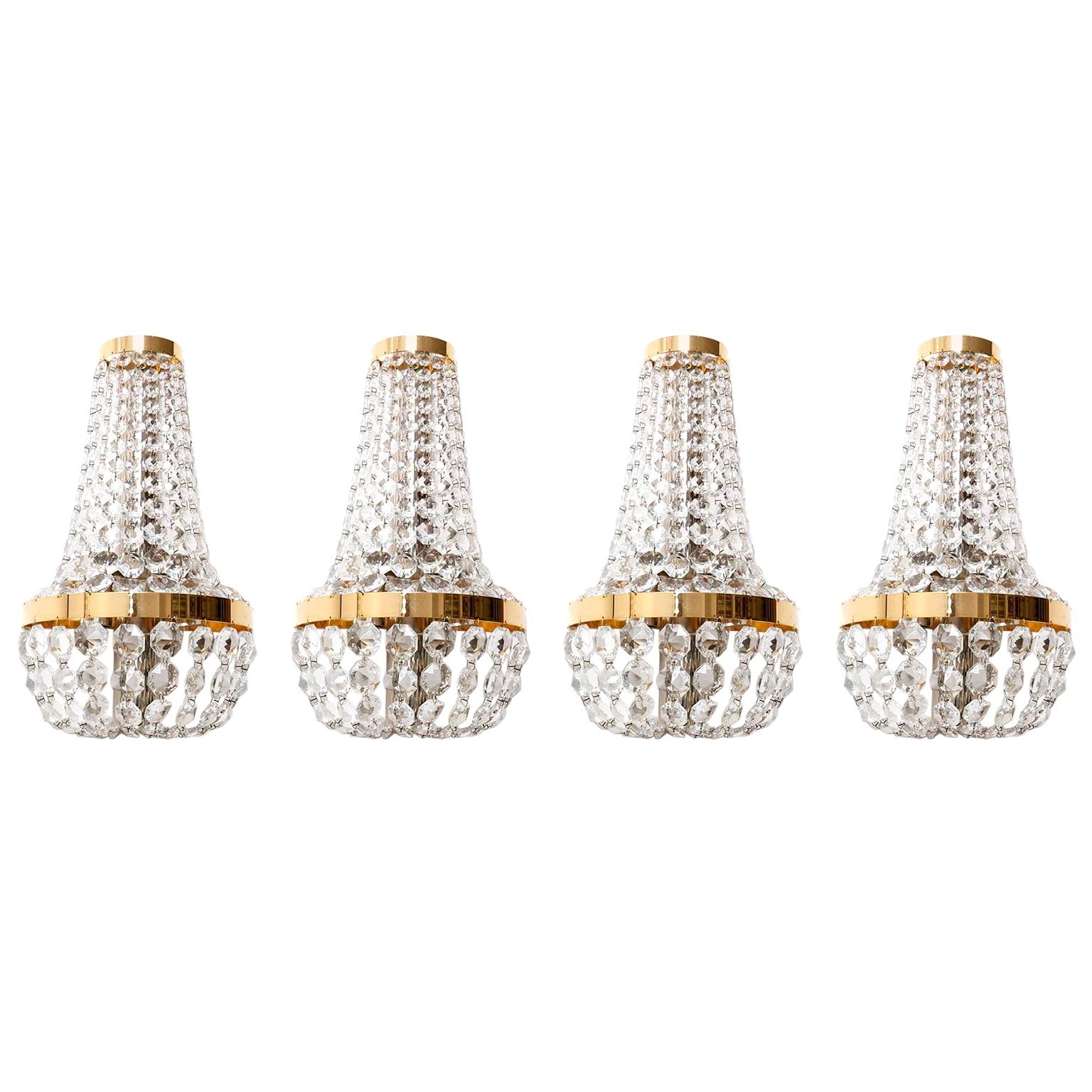 Four Large Bakalowits Wall Lights Sconces, Brass Nickel Crystal, Austria, 1950s