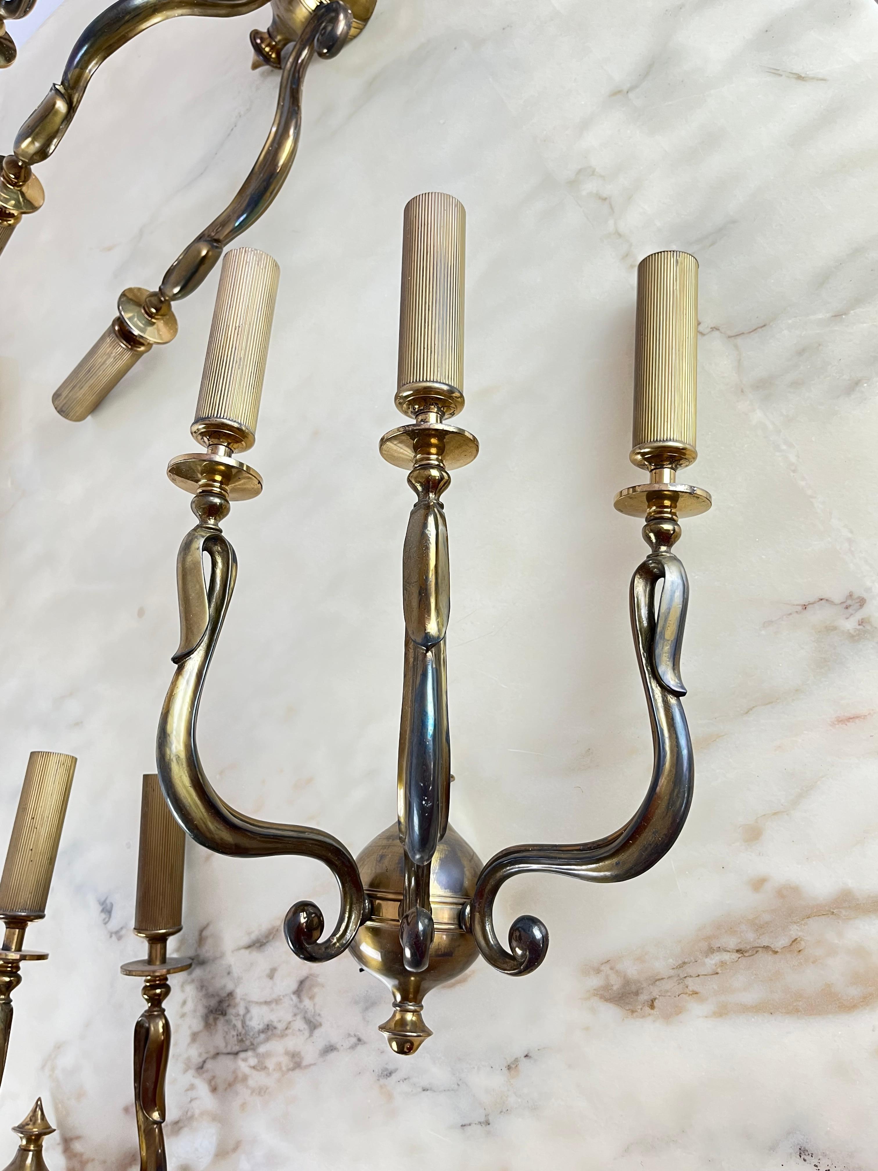 Four large brass sconces, Italy, 1950s
I also have the chandelier for sale among my items.
Found in a noble apartment. Intact and functioning. Small signs of the time.