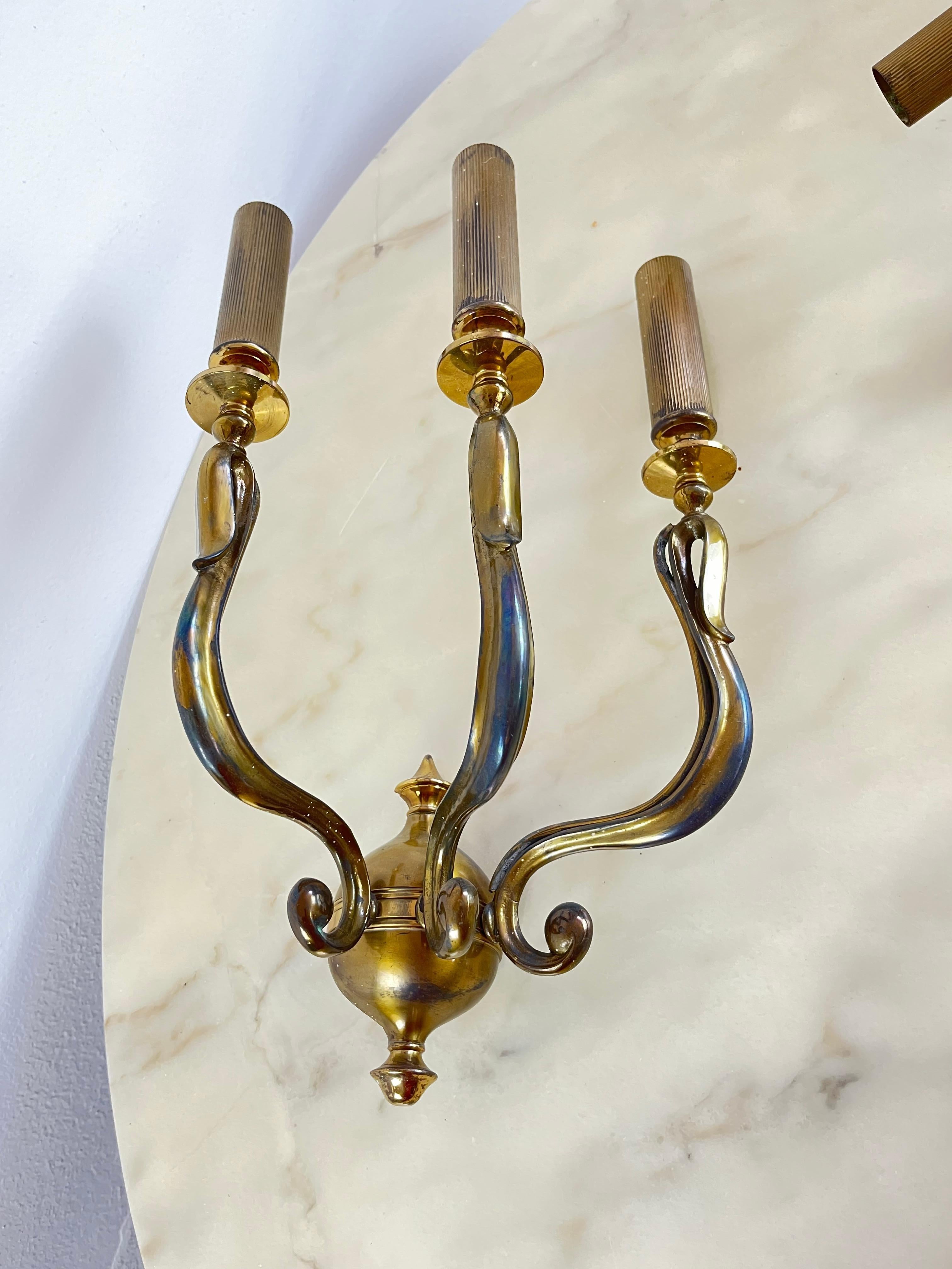 Italian Four Large Brass Sconces, Italy, 1950s